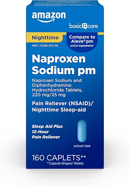 Amazon Basic Care All Night Pain Relief PM, Naproxen Sodium, 220 mg/Diphenhydramine Hydrochloride, 25 mg Tablets, Pain Reliever/Nighttime Sleep-Aid, 160 Count