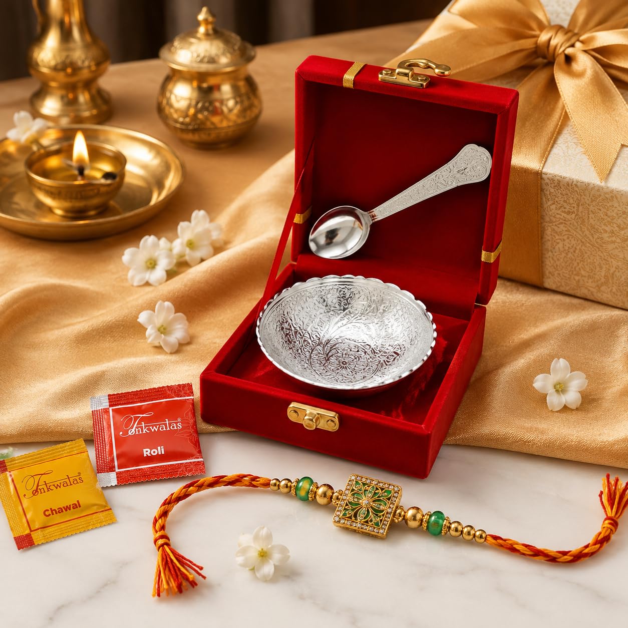 AC ANAND CRAFTS Rakhi Gift Hamper for Brother | Handmade Designer Rakhi with German Silver Bowl Spoon Set, Roli Chawal & Premium Red Velvet Gift Box | Raksha Bandhan Gift for Bhai 2