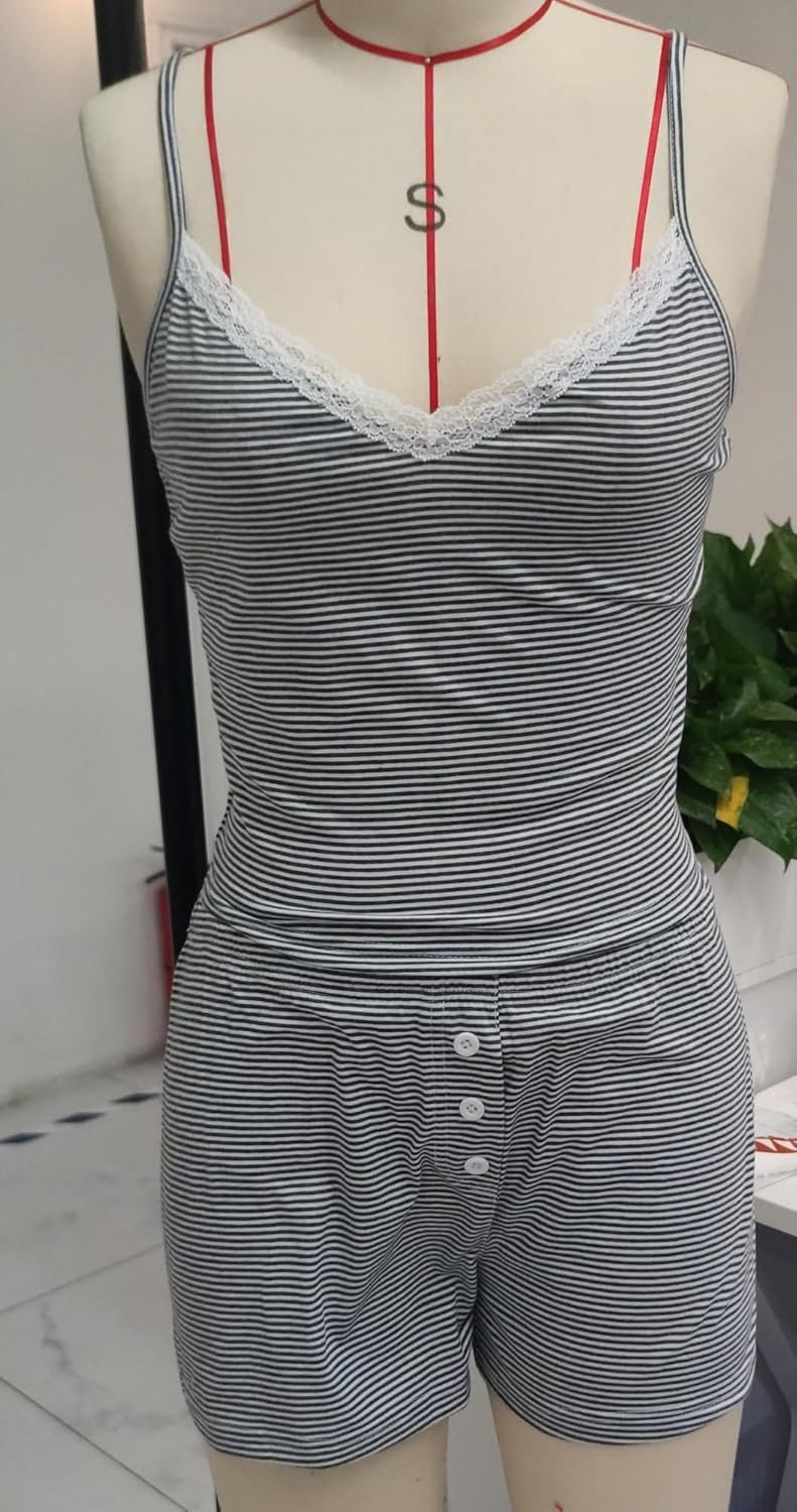 Women Sexy 2 Piece Pajama Set Cute Pj Sets Floral Print Lace Trim Cami Tank Top Shorts Teen Girls Sleepwear - Image 6