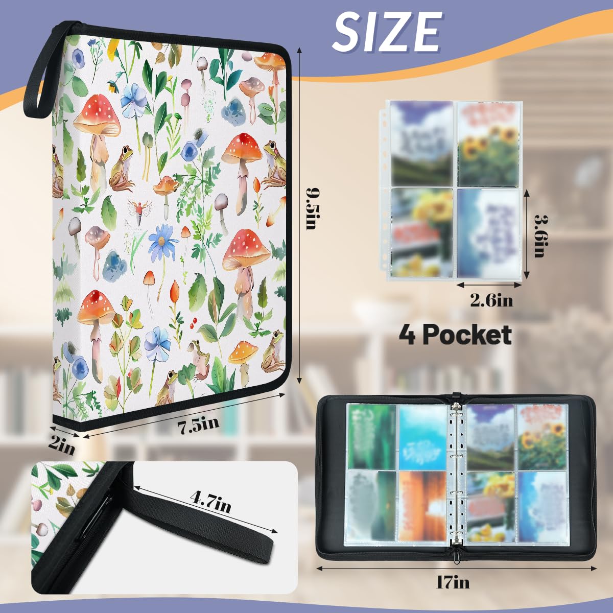 Raccoglitore per carte collezionabili con 4 tasche ad acquerello a forma di fungo, raccoglitore per carte con foglie di rana, con maniche rimovibili, impermeabile, con cerniera, 50 pagine, capacità