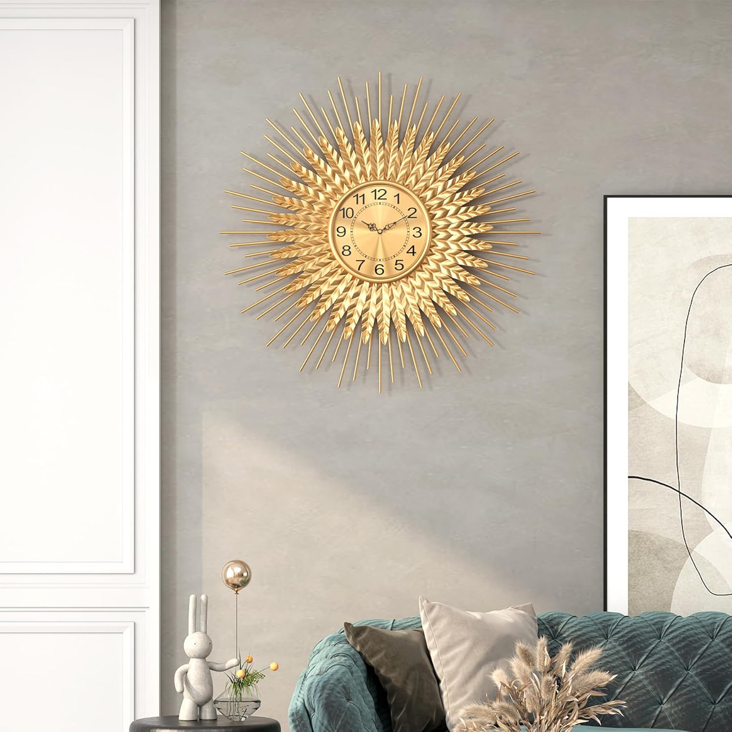 Large Mid Century Gold Wall Clock Decorative Modern Sunburst Wall Clocks, Metal Big Silent Non-Ticking Clock, Luxury Home Gift Decor for Living Room, Bedroom, Dining Room, 24 inch