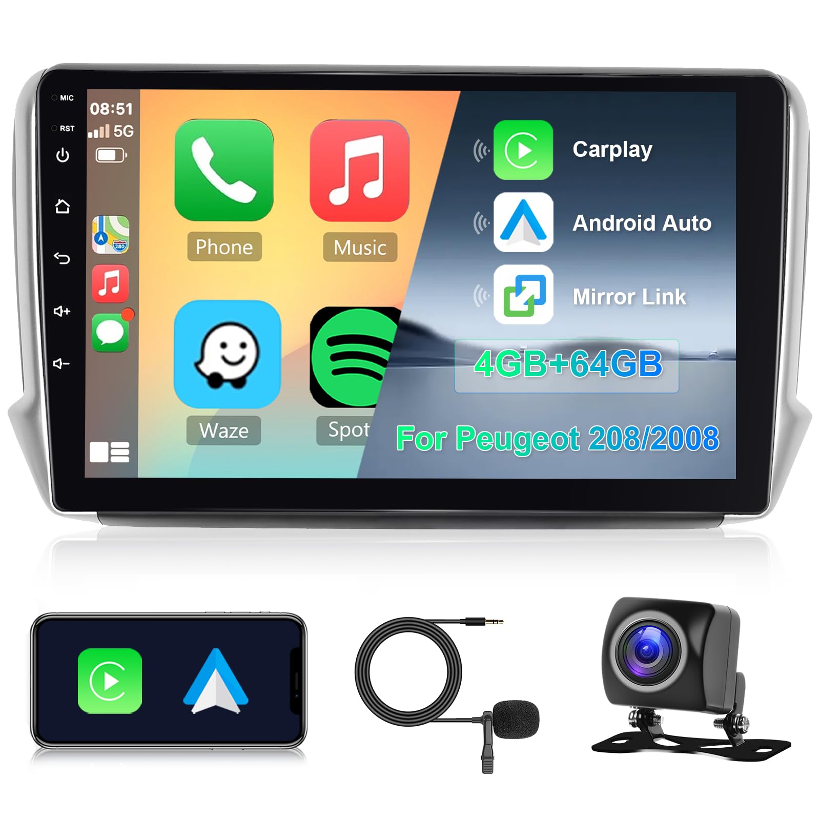 8 Core 4GB+64GB Autoradio per Peugeot 208/2008 2012-2018 Android 10,1 Pollici Touch Schermo GPS Navigazione Wireless Carplay Android Auto, Hodozzy 2 Din Radio Bluetooth DSP WiFi FM RDS, Retromarcia