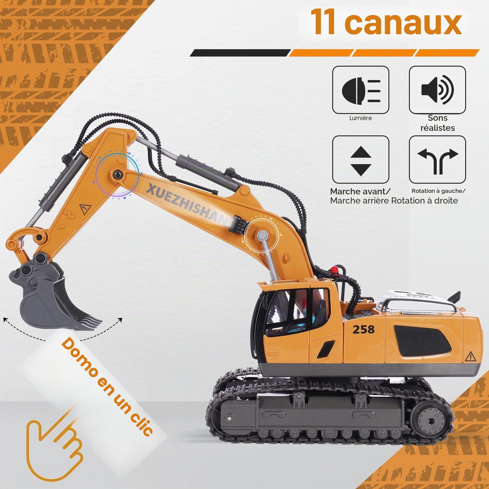 Excavatrice télécommandée jouet RC 2,4 GHz, 11 canaux, télécommande avec pelle en alliage de fer, 2 piles avec lumière et musique