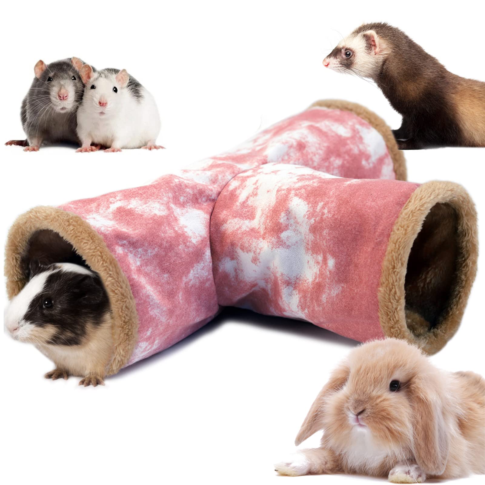 LeerKing 3 Vías Túnel para Hámster Juguete Animales Pequeños Escondite Plegable con Ganchos para Conejo Cobaya Hurones Chinchilla Ratas Rosa L
