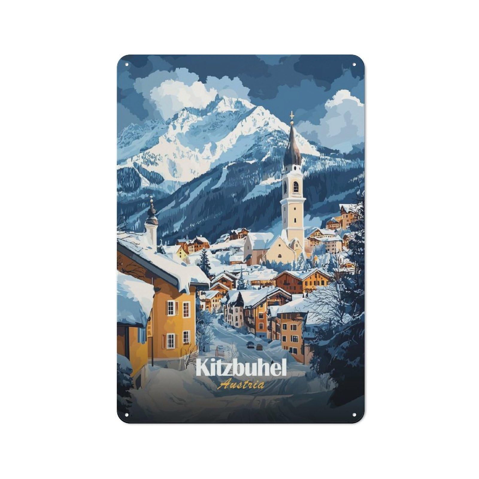 Creative Kitzbuhel Austria Winter Village Tin Sign 30x20cm, Study Room Decor for Workspace, Cafe, Shop Or Desk Area