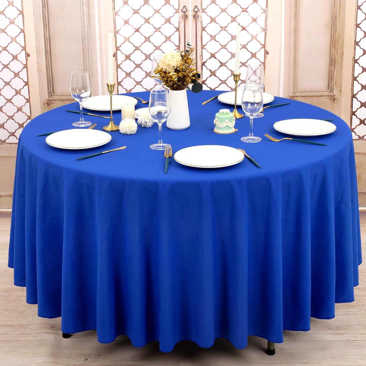 8 Pack Royal Blue Round Tablecloth 90 Inch Circle Polyester Table Cloth,Washable Fabric Stain and Wrinkle Resistant Table Cover Round Tableclothes for Wedding Party Banquet Reception Gift image 2