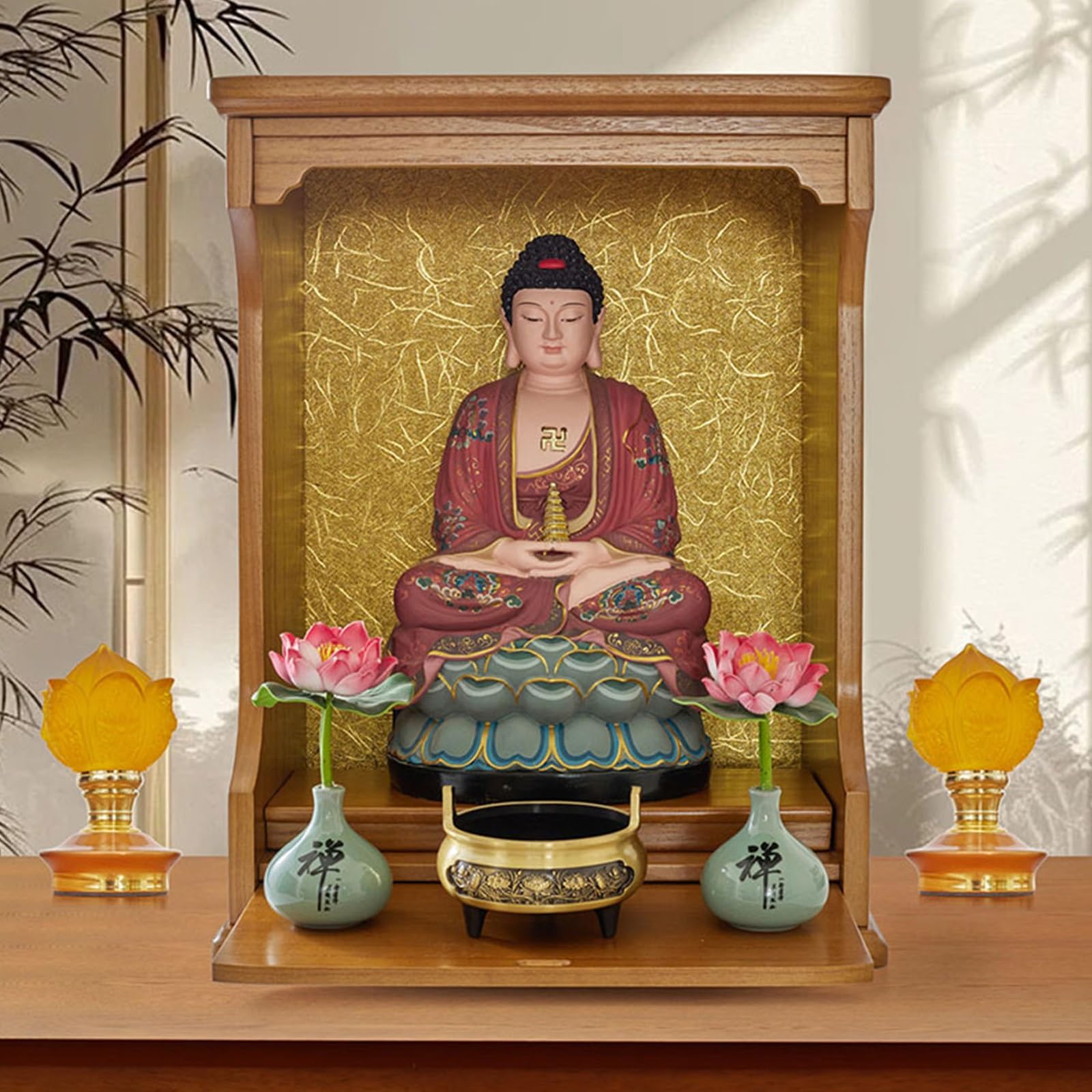 Armadietto da parete in legno massello buddista – Santuario Guanyin & Dio della ricchezza per decorazione domestica, scrivania e parete, tavolo da meditazione spirituale