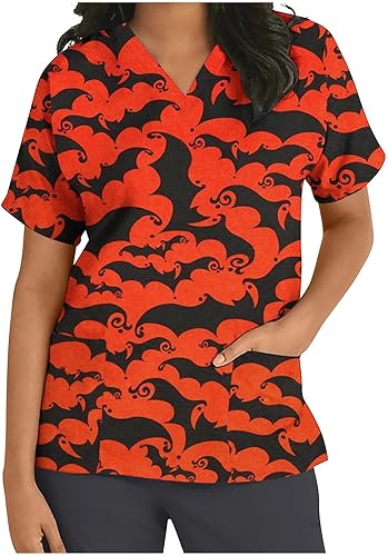 Miniatura 2 de Camisas de Halloween para mujer, manga corta, cuello en V, elásticas, uniformes de trabajo, camisetas gráficas de tela de enfermería con bolsillo