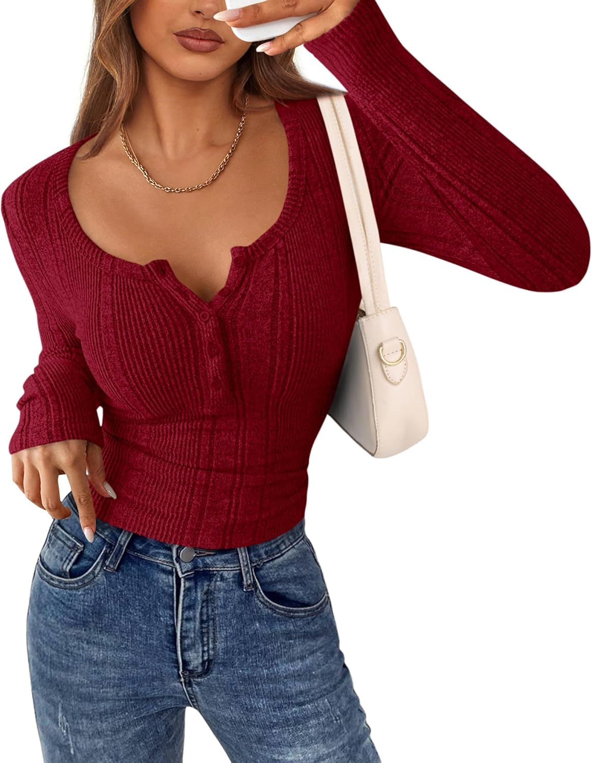 PRETTYGARDEN Women's Long Sleeve Tops 2026 Spring Fashion Clothes Henley Shirts Slim Fitted Ribbed Tees Blouses Fall Outfits