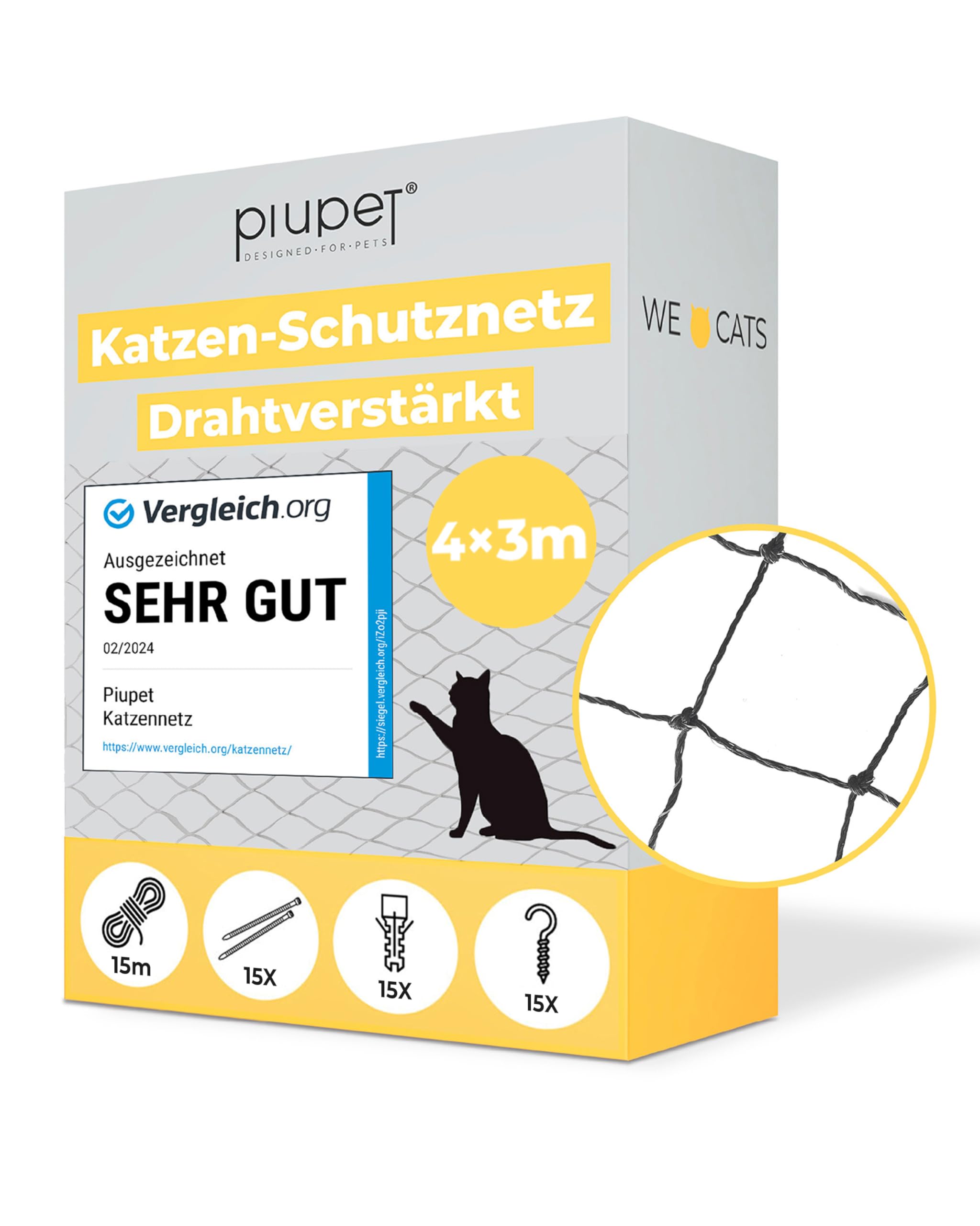 PiuPet® Cat Net wire-reinforced I for balcony and window I including fastening set I balcony net for cats I black (4 x 3m)