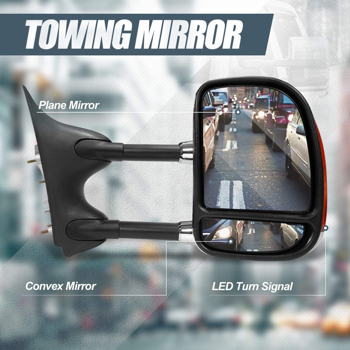Auto Dynasty Driver and Passenger Side Rear View Towing Mirror - Manual Telescoping | Manual Adjust | Amber LED Turn Signal - Compatible with Ford F250 F350 F450 F550 Super Duty 99-07, Chrome Housing