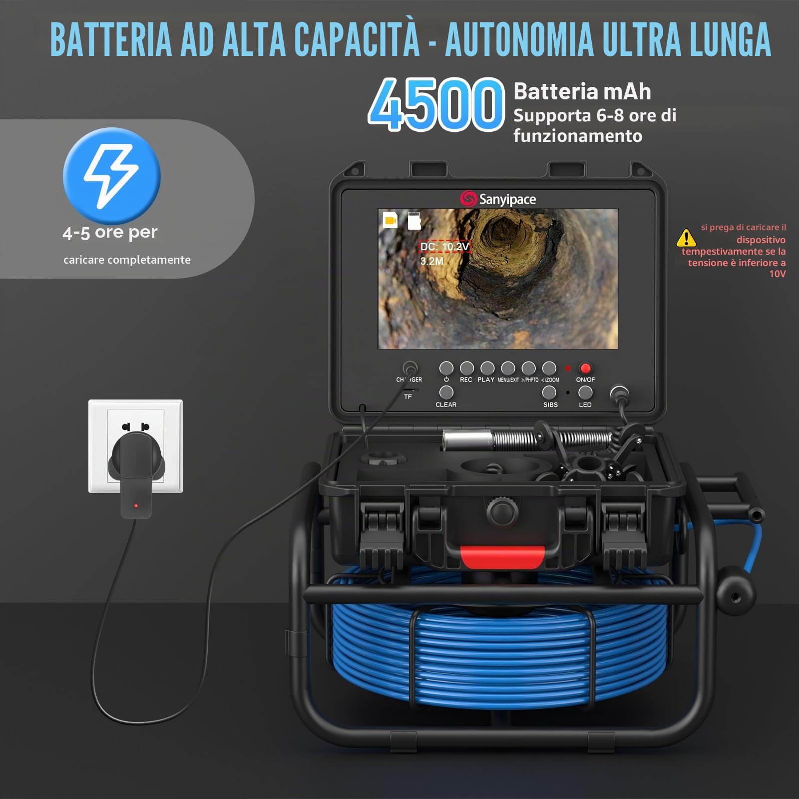 Telecamera per Ispezione tubi 30M,Sanyipace Telecamera di Ispezione tubi con DVR,IP68 Telecamera per Fognatura Impermeabile,Schermo Colori da 9" con Contatore di Distanza,Professionale Video Ispezione