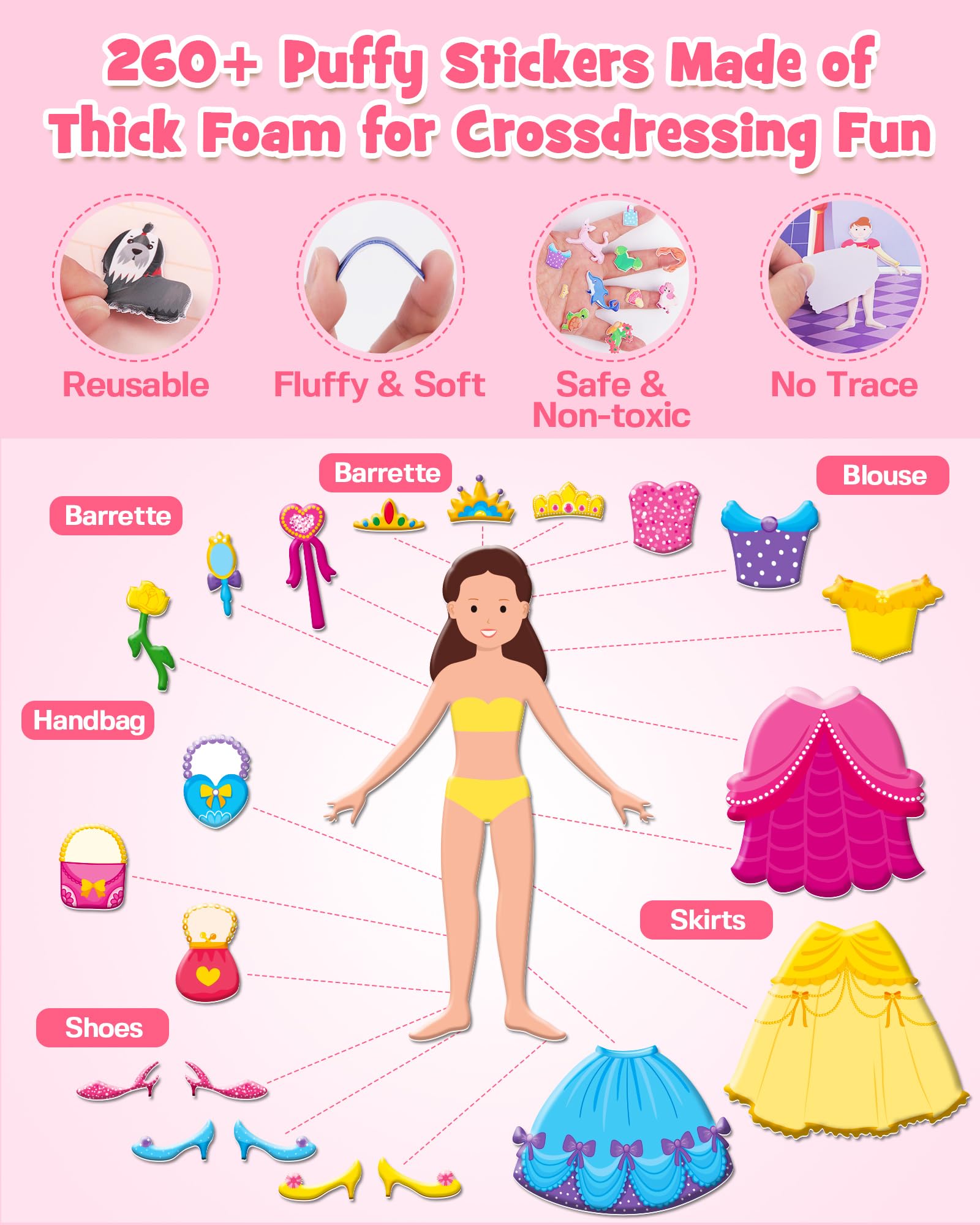 D-FantiX 3D Puffy Stickers for Toddlers 2-4 Years, Reusable Sticker Books for Girls Ages 4-8, Dress-Up, Princess, Mermaid - Image 3