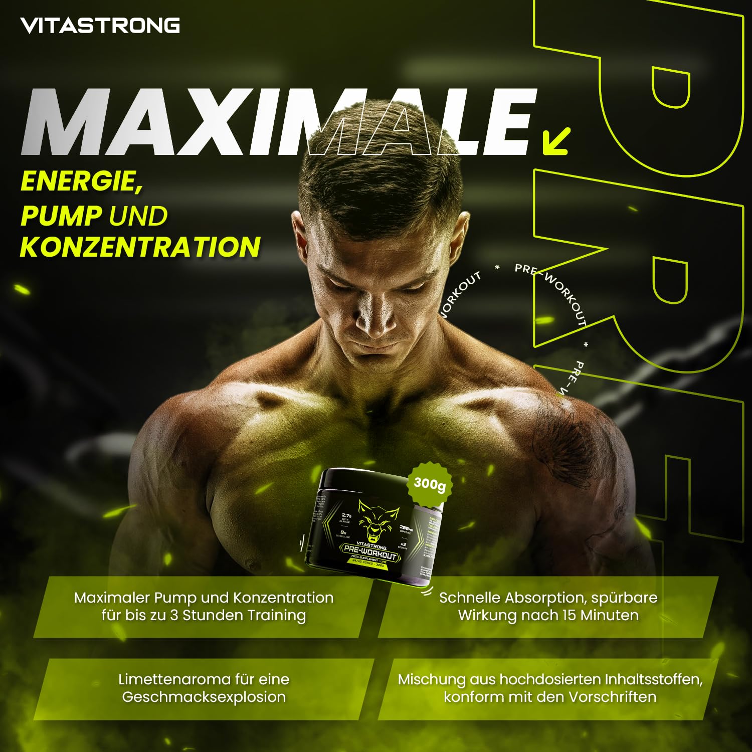 Pre Workout Booster mit Koffein 300g, Vegan Preworkout mit Vitamin B12, Citrullin, Beta-Alanin, Koffein Pulver, Taurin Pulver, AstraGin, Vitastrong Pre Workout (24 Portionen (1er-Packung), Lime)
