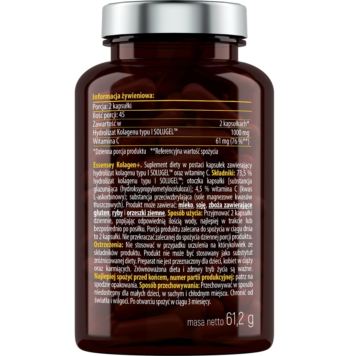 ESSENSEY - Kolagen I 1000 mg w porcji dziennej I 90 Kapsułek I Witamina C 61 mg I Hydrolizowany Kolagen Typu I SOLUGEL® I 45 Dniowych porcji I Łatwe do połknięcia