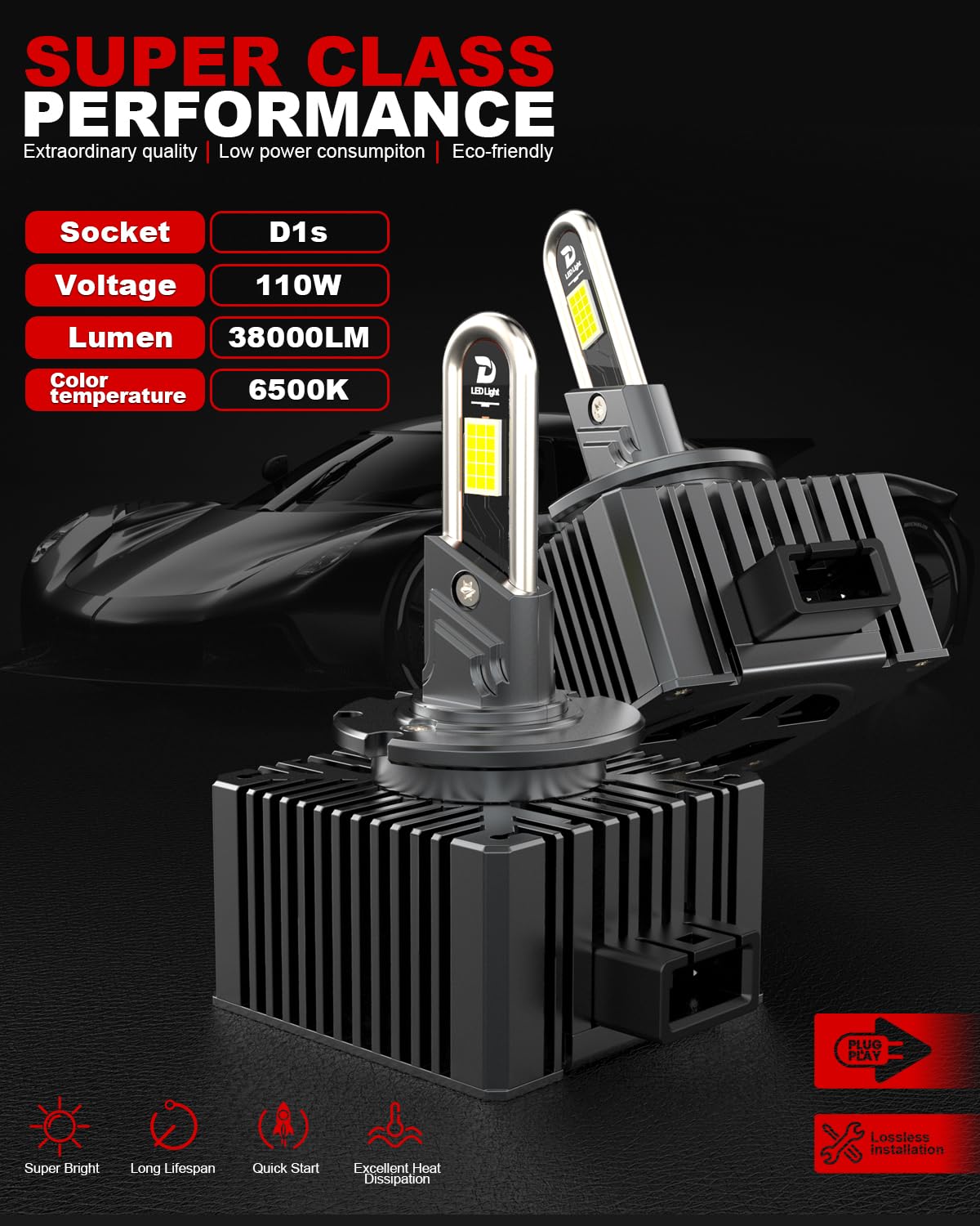 Bombillas LED D1S para Faros de Coche, 110W 38000LM Súper Brillantes, Luz Blanca Fría 6500K, Reemplazo Directo de Bombilla Xenón HID D1S Original, Instalación Plug and Play, Paquete de 2