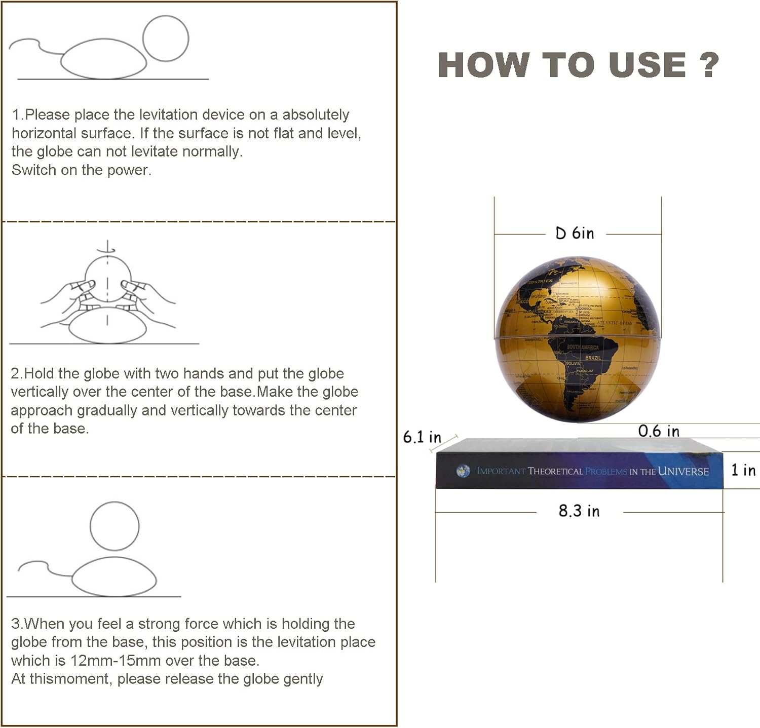 Floating Globe Lamp,6" World Geographic Globes Gold Magnetic Floating Levitating Globe with Lights Home Office Desk Decor Creative Birthday Christmas Gifts,360 Rotating