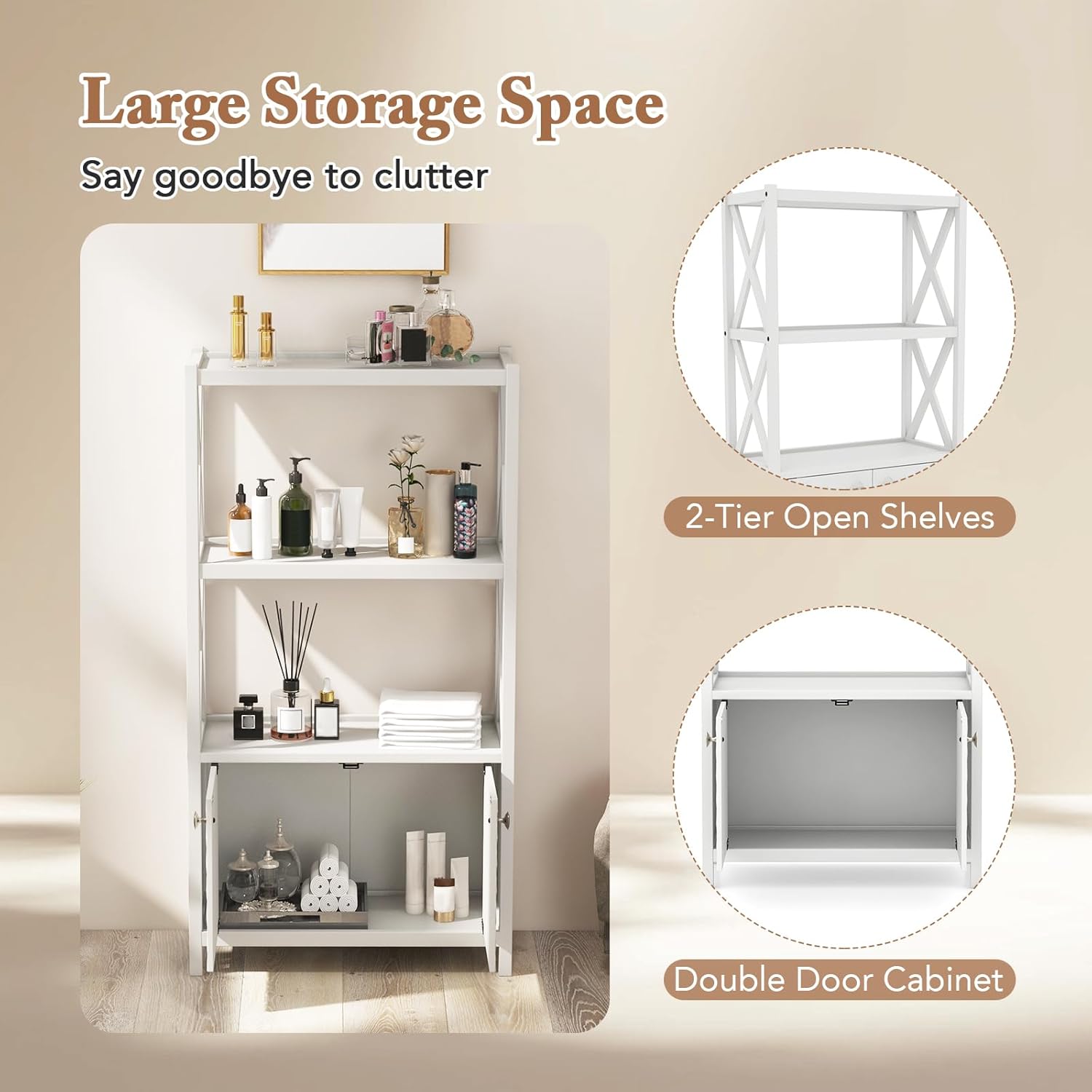 Giantex Storage Cabinet, Freestanding Storage Organizer with Open Shelves, Double Doors, Display Shelf, Bathroom Floor Cabinet for Living Room, Kitchen, Study Room, Entryway(White)