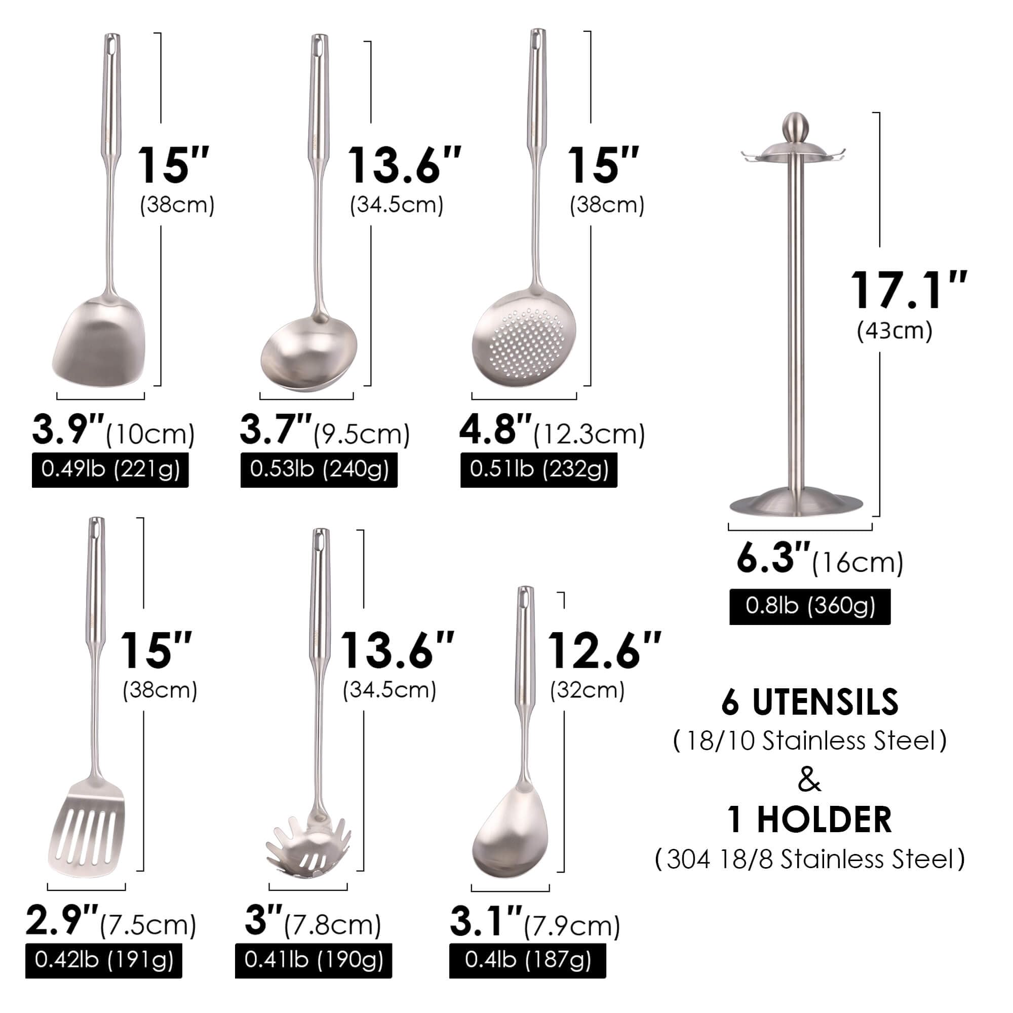 Juego de utensilios de cocina de acero inoxidable 18/10, utensilios de cocina de metal de 15 pulgadas con soporte giratorio para encimera, espátula, cucharón, espumadera, espátula ranurada, pasta,