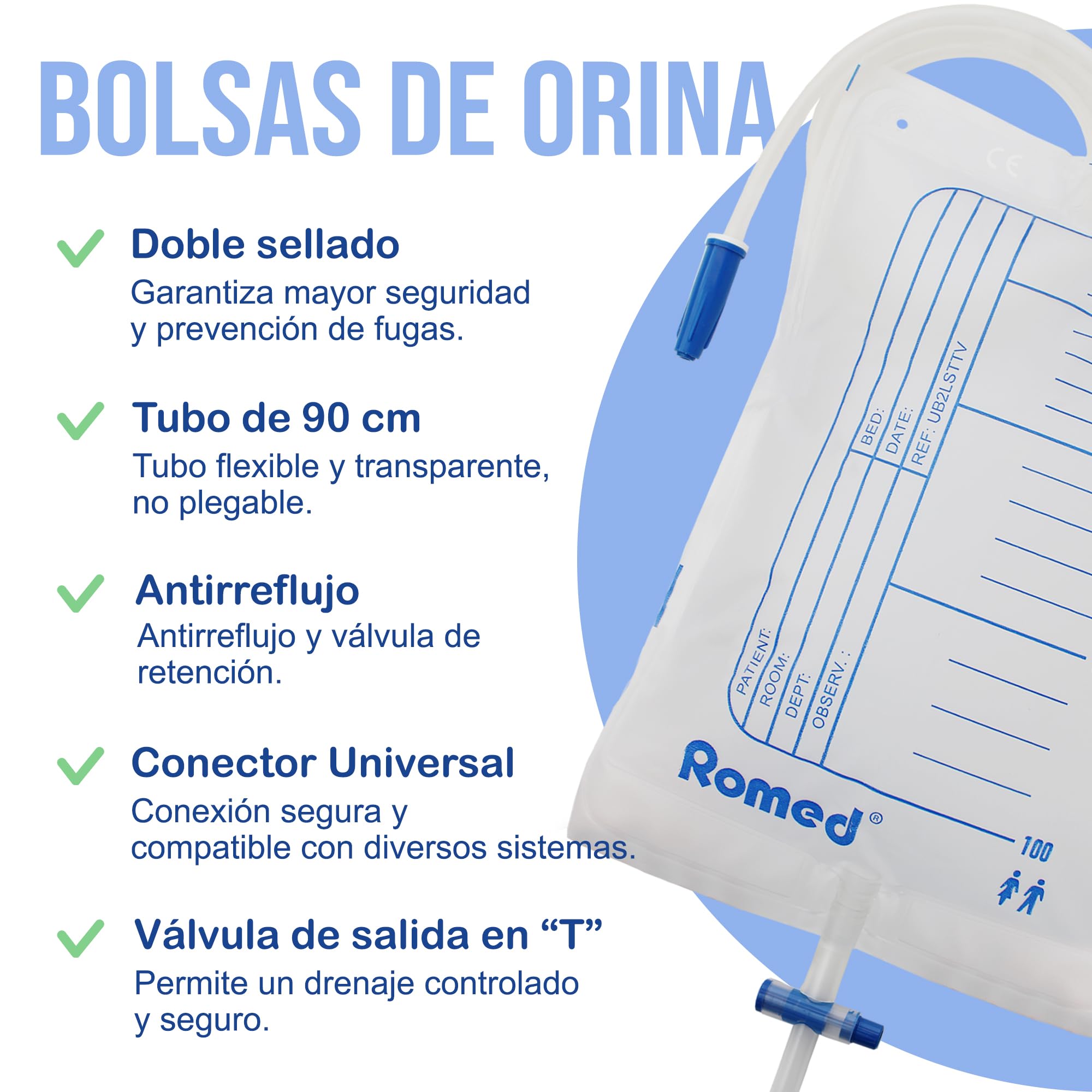 ROMED Bolsas de Orina 2 Litros Transparentes - Pack de 30 Unidades | Colector Urinario con Tubo Flexible de 90 cm y Válvula Anti-Reflujo | Diseñadas para Incontinencia en Hombre y Mujer
