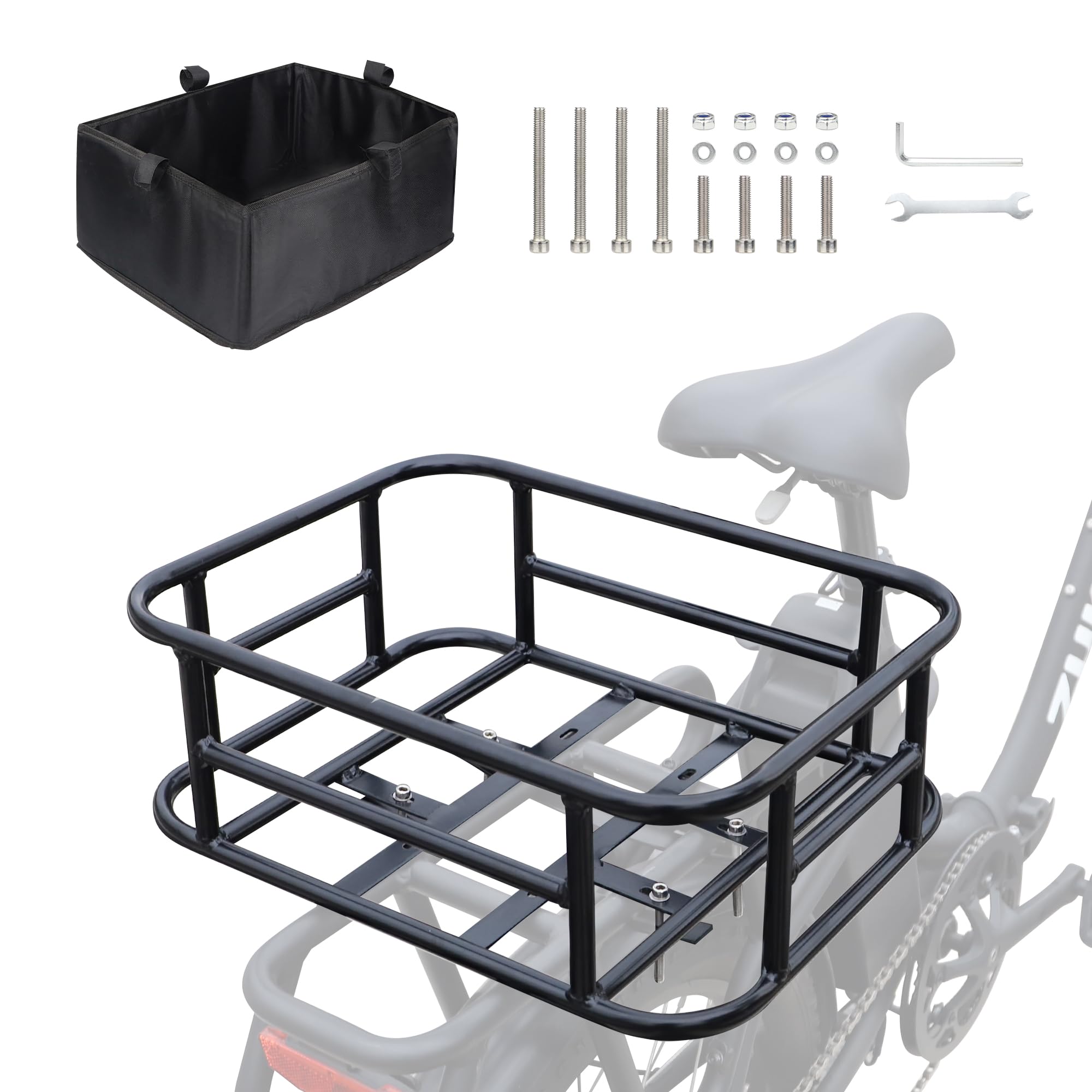 ZUKKA Kosz rowerowy z tyłu na rowery elektryczne, duży kosz rowerowy z metalu z tyłu z grubą wyściółką, torba na rower, rower elektryczny, 43 x 32 x 15 cm