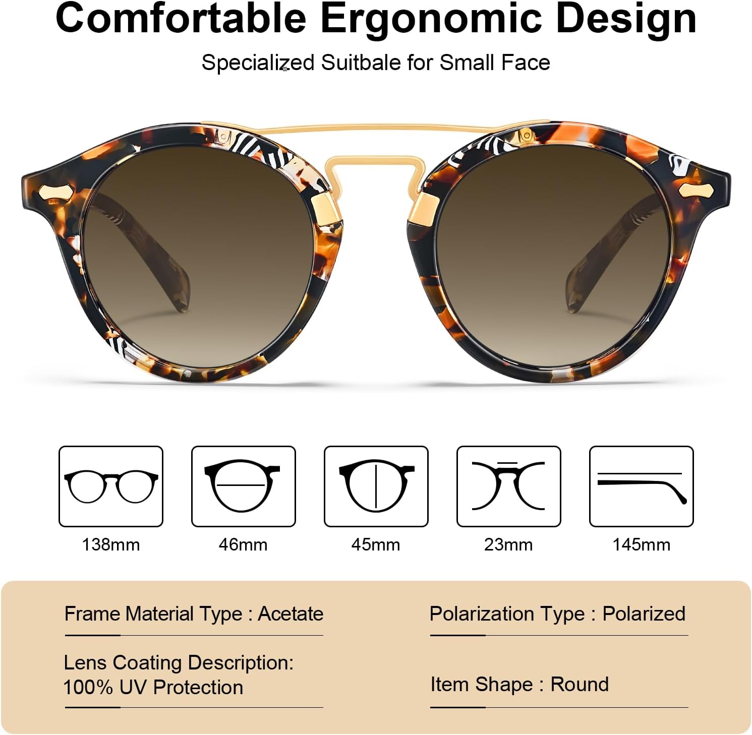 CARFIA Small Face Acetate Double Bridge Sunglasses for Women Polarized UV Protection, Retro Metal Brow Eyewears Round Sunnies - Image 5