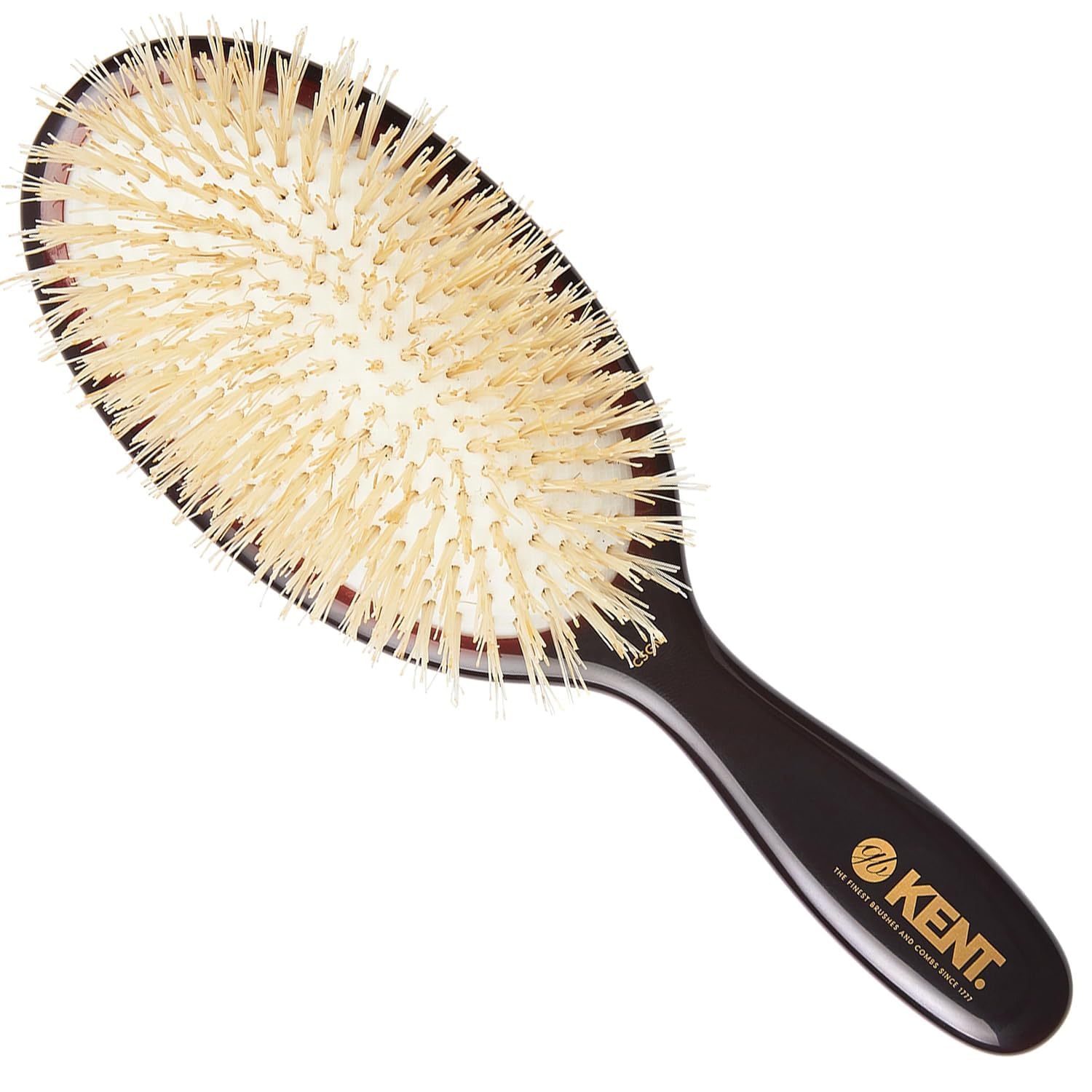 Kent CSGM Classic Shine - Cepillo alisador ovalado mediano de 7.75 pulgadas y desenredante de cabello, cepillo de cerdas de jabalí blanco suave, cepillo para cabello brillante y limpiador de cuero