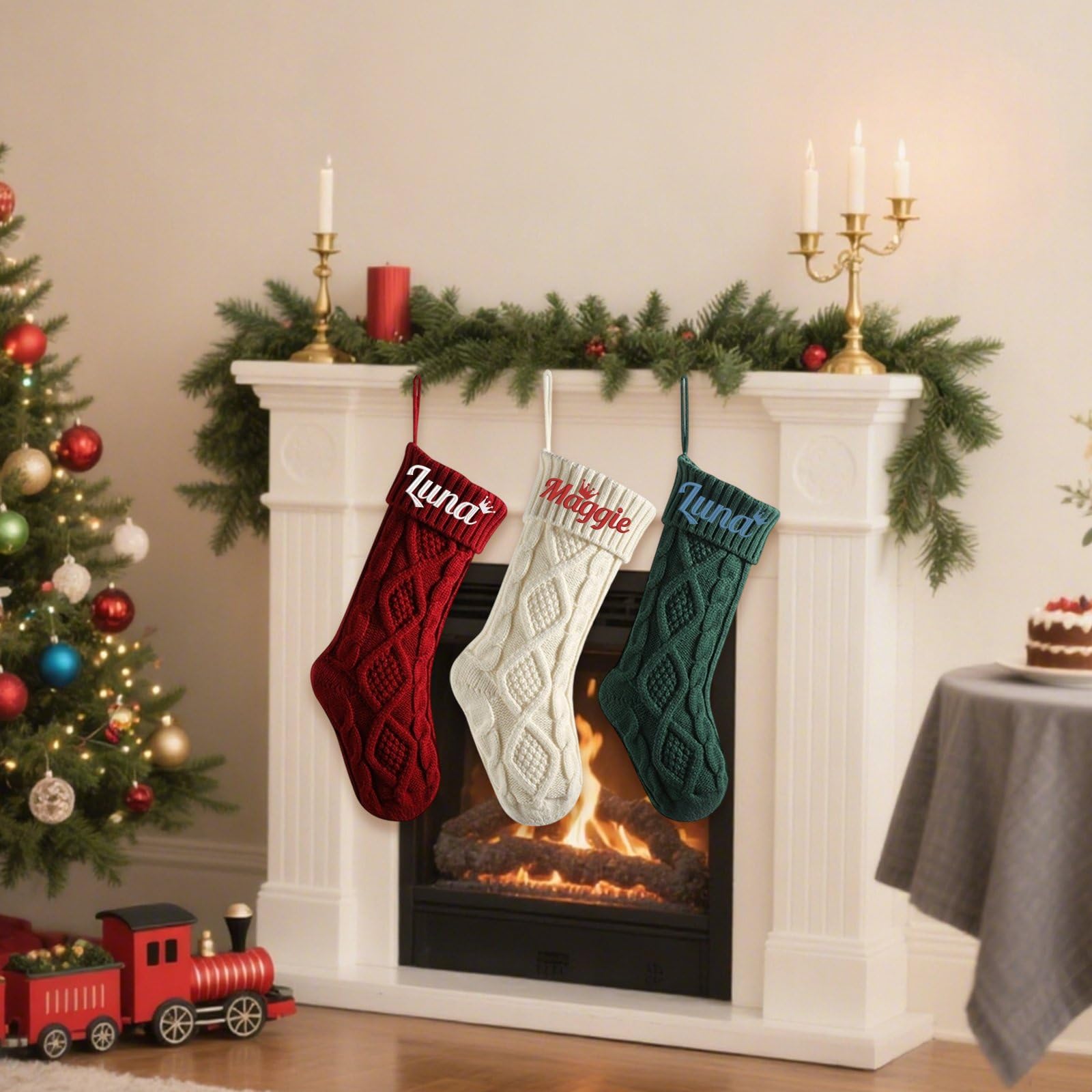 Calcetines de Navidad grandes de punto de 45,72 cm con nombres bordados personalizados, calcetines de Navidad grandes de punto para Navidad, decoración familiar y para colgar en la chimenea