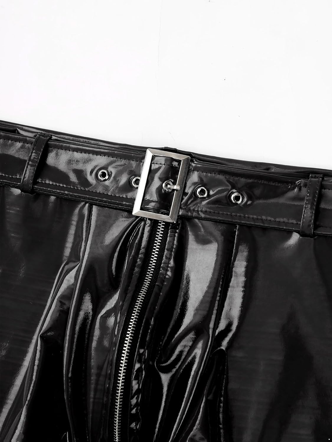 Sywiyi Men's Wet Look PVC Leather Shorts Zipper Crotch Bulge Pouch Boxer Brief Hot Pants with Waist Belt