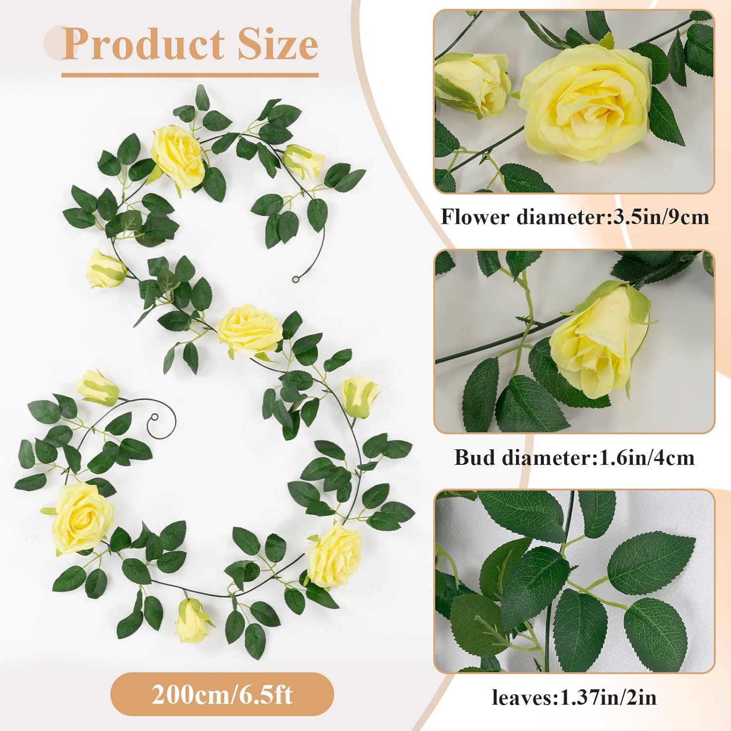 U'Artlines 3 Pack Artificial Yellow Rose Vines Floral Garlands Total 19.5 Ft Fake Vine Silk Flower Garland for Indoor Outdoor Home Wedding Arch Garden Wall Decoration