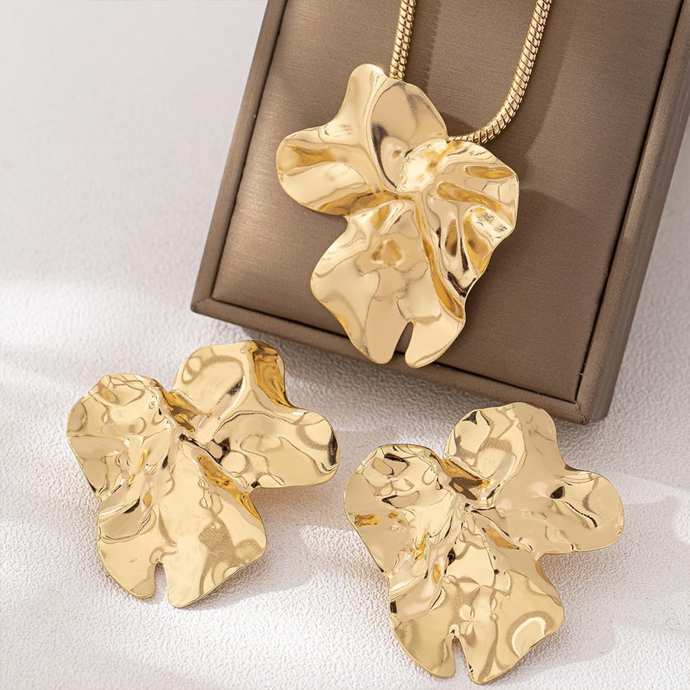 Chunky Big Gold Earrings Statement Choker Necklace Jewelry Set for Women, Charm Large Irregular Geometry Pendant Bold Stud Party Prom Accessories Gift - Image 5