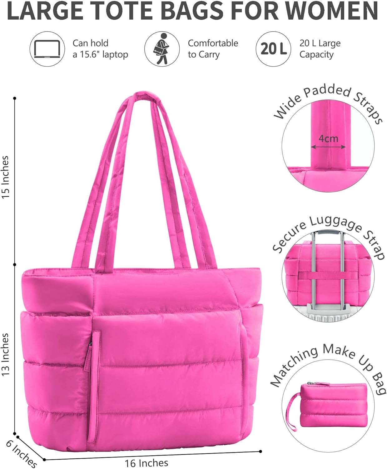 Puffer Tote Bag for Women, Lightweight Puffy Work Handbag Teacher Nurse Quilted Shoulder Bag for School Travel Gym | Cloud Bag w/ Zipper, Daily College Bags, 15.6" Computer Bag, Clinical Nursing Bag, 40 OZ Tumbler Holder, Ideal Gift for Women - Image 3