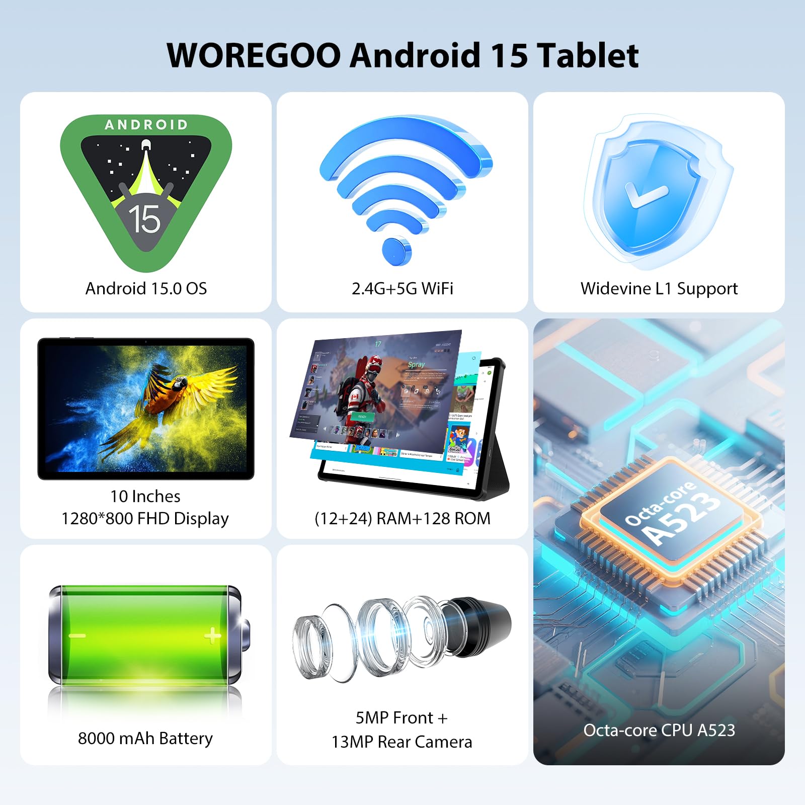 WOREGOO 10 pollici Tablet Android 15, Tablet in Offerta 36G RAM+128G ROM, 5G WiFi, Octa-Core, Widevine L1/8000mAh/1280x800 HD/5MP+8MP fotocamera con tastiera/mouse/caso, Nero