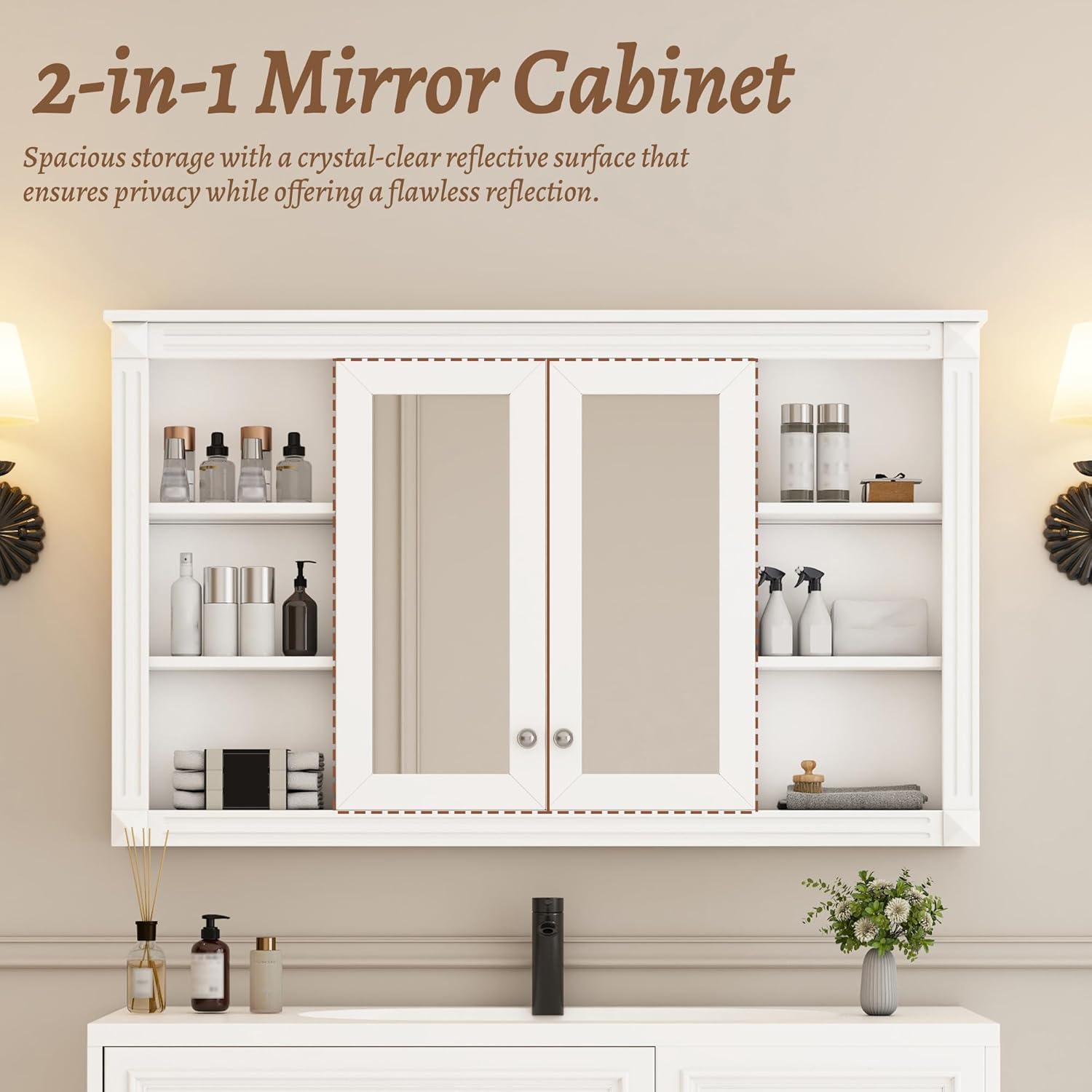 47 Inch Bathroom Mirror Cabinet with Storage White Solid Wood MDF Glass