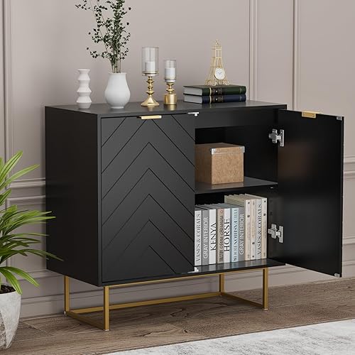 Miniatura 5 de Scurrty - Armario aparador de 80 cm en negro con almacenamiento, gabinete con puertas y estante ajustable para sala de estar y cocina