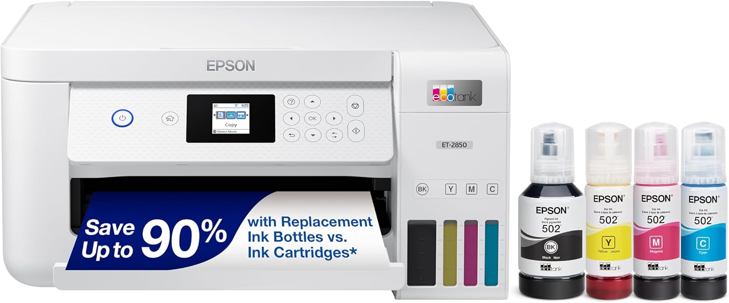 Epson EcoTank ET-2850 Wireless Color All-in-One Supertank Printer - White | Cartridge-free print, scan, copy; up to 10.5 ppm, borderless photo printing, auto 2-sided; ideal for home and everyday use