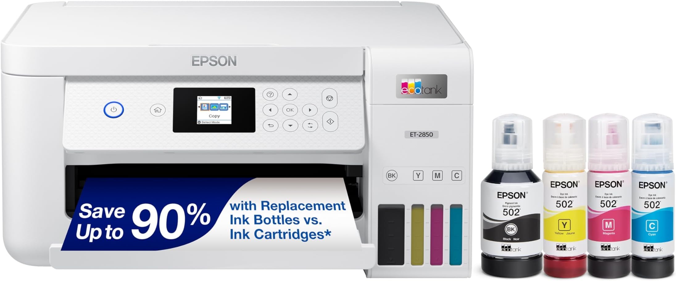 EcoTank ET-2850 Wireless Color All-in-One Cartridge-Free Supertank Printer with Scan, Copy and Auto 2-Sided Printing - White, Medium