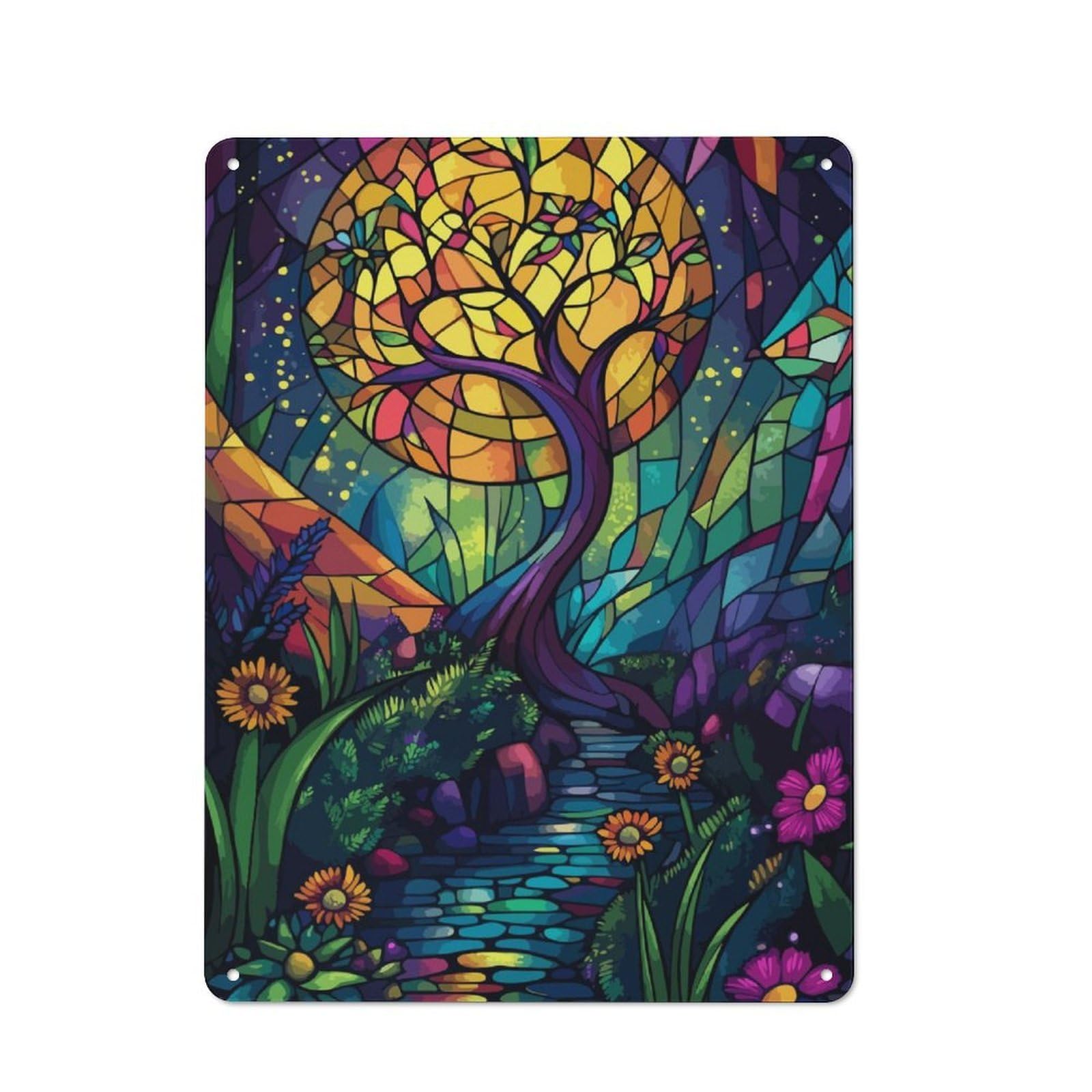 Junmoney Tree Stained Glass Forest Retro-Style Metal Plaque 40X30cm For Kitchen Or Home Bar, Gift For Home Bar Enthusiasts During The Christmas Season
