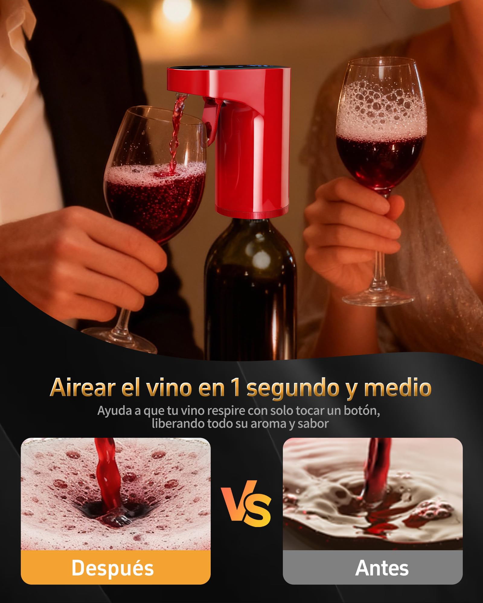 Regalo Asunción Virgen - 5en1 Decantador Eléctrico Vino y Dispensador Licor | Aireador Automático Dosif Precisión 1-999ml | Para amantes vino, whisky, anfitriones (Rojo)