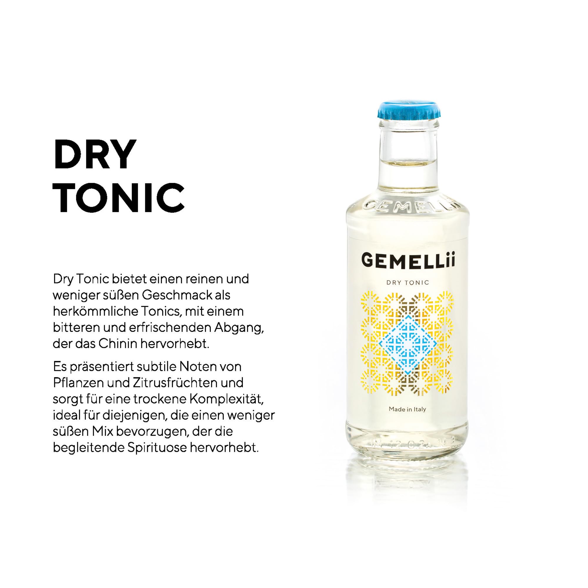 GEMELLii Dry Tonic Water, 4x 200ml Flasche, natürliche Inhaltsstoffe, mit Agavendicksaft gesüßt, Made in Italy