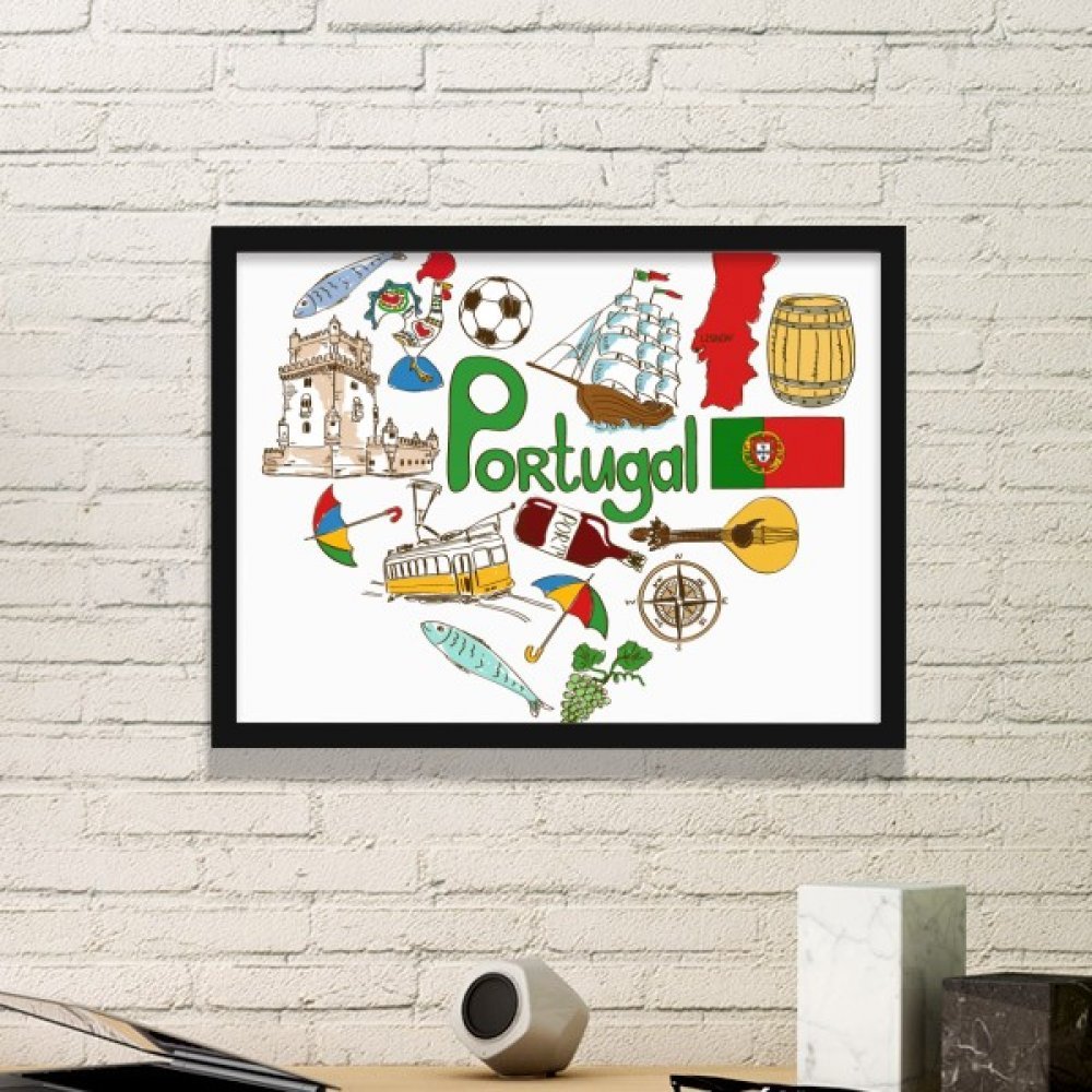 Cadre photo Portugal motif coeur illustration drapeau et paysage typique noir medium