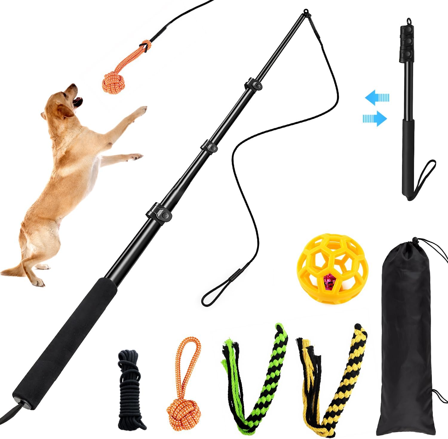 Flirt Pole for Dogs Heavy Duty – 43" Extendable Aluminum Alloy Dog Teaser Pole for Large, Medium & Small Dogs, Dog Training Stick Toy for Exercise & Training, Includes 4 Replaceable Lures