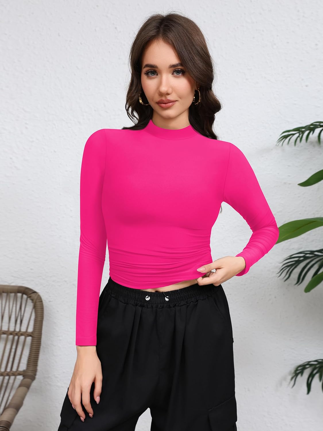 Laughido Women's Mock Neck Long Sleeve Slim Fit Double Lined T-Shirt Casual Basic Crop Tops 2025 Fall Clothes - Image 4