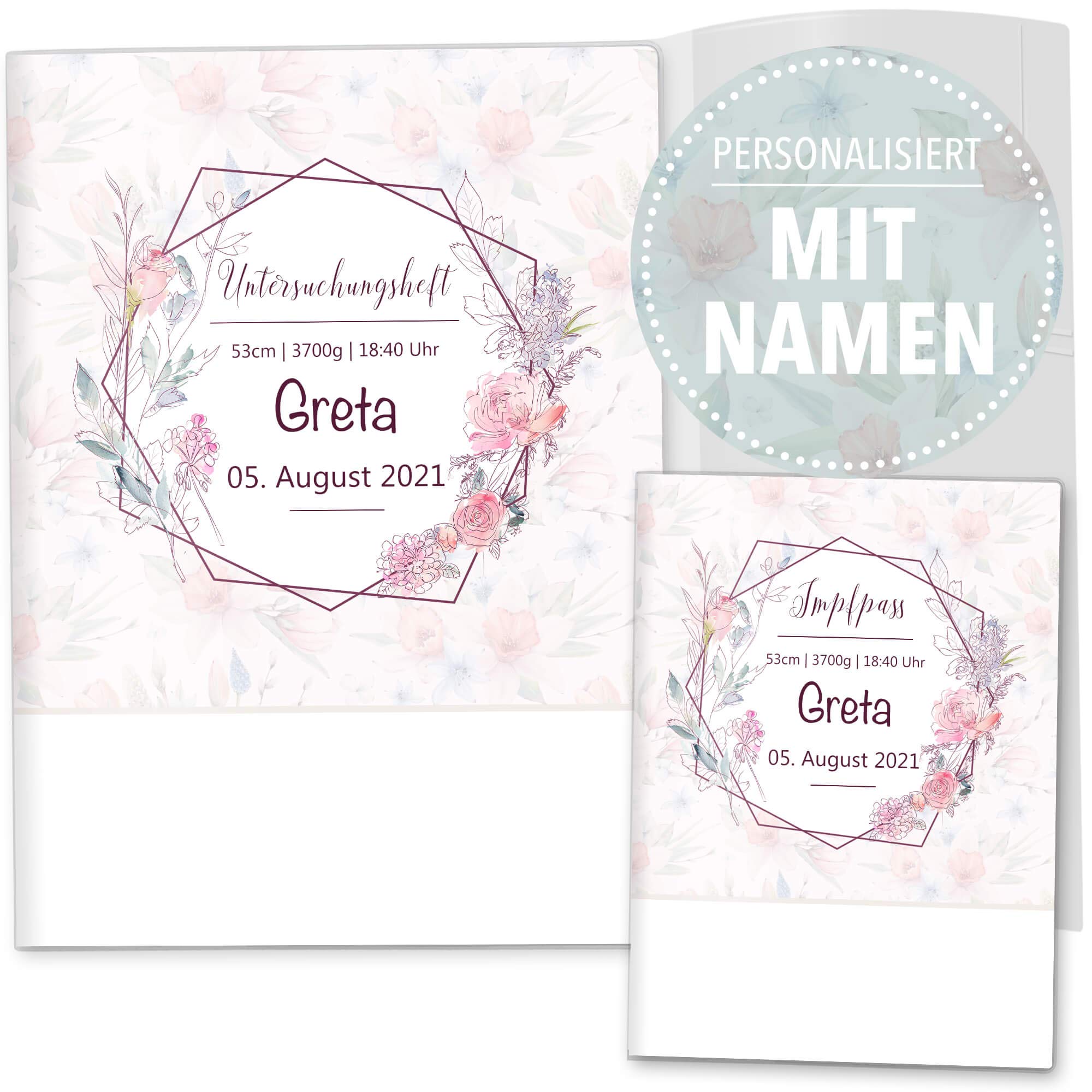 Olgs U-Hefthüllen und Impfpass Hülle Set Cute Bunny Blumenkranz mit Innenfächern und personalisierbar mit Namen