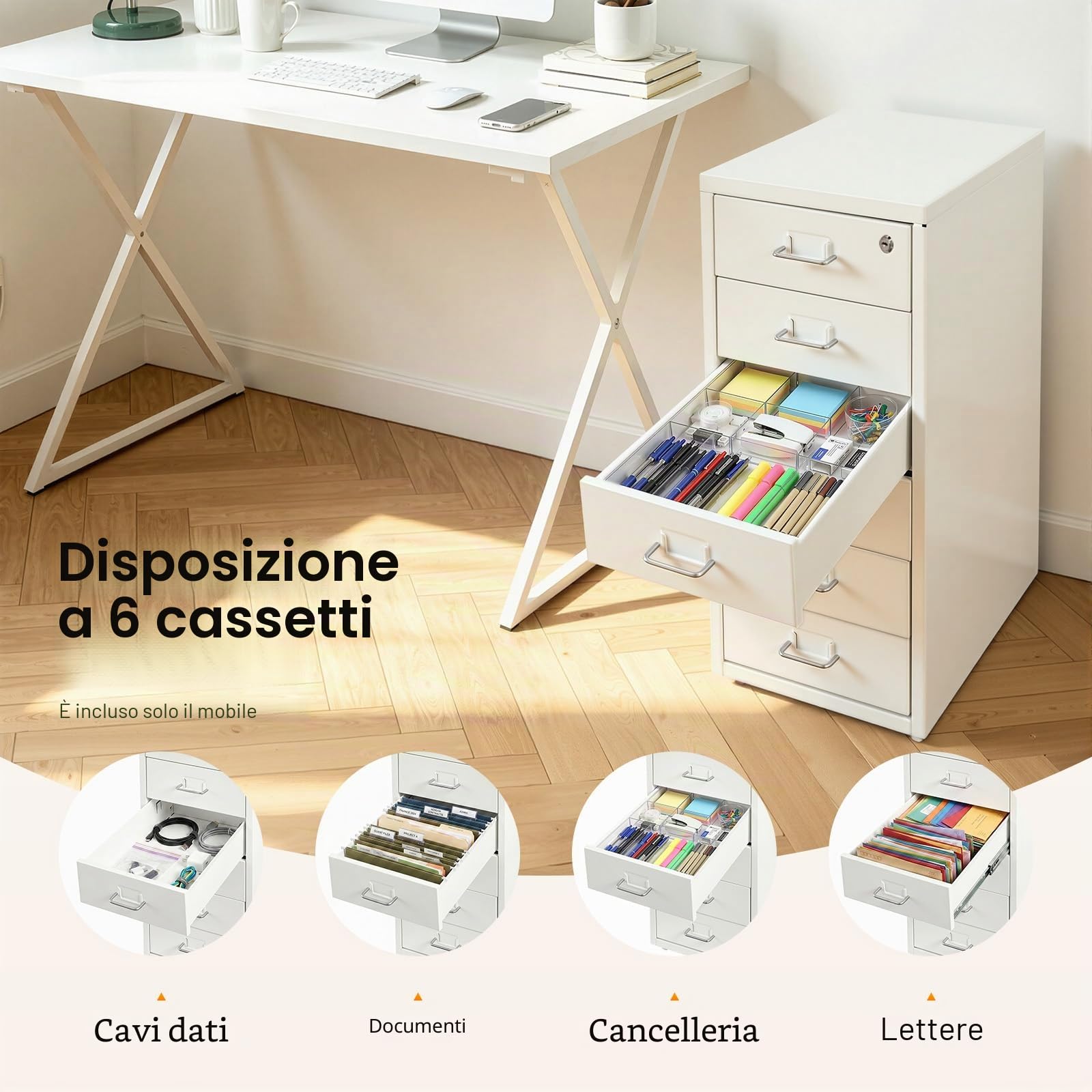 Cassettiera con 6 cassetti, armadietto con serratura, cassettiera a rotelle, in metallo, con scomparto per carte di credito, per casa, ufficio (bianco)