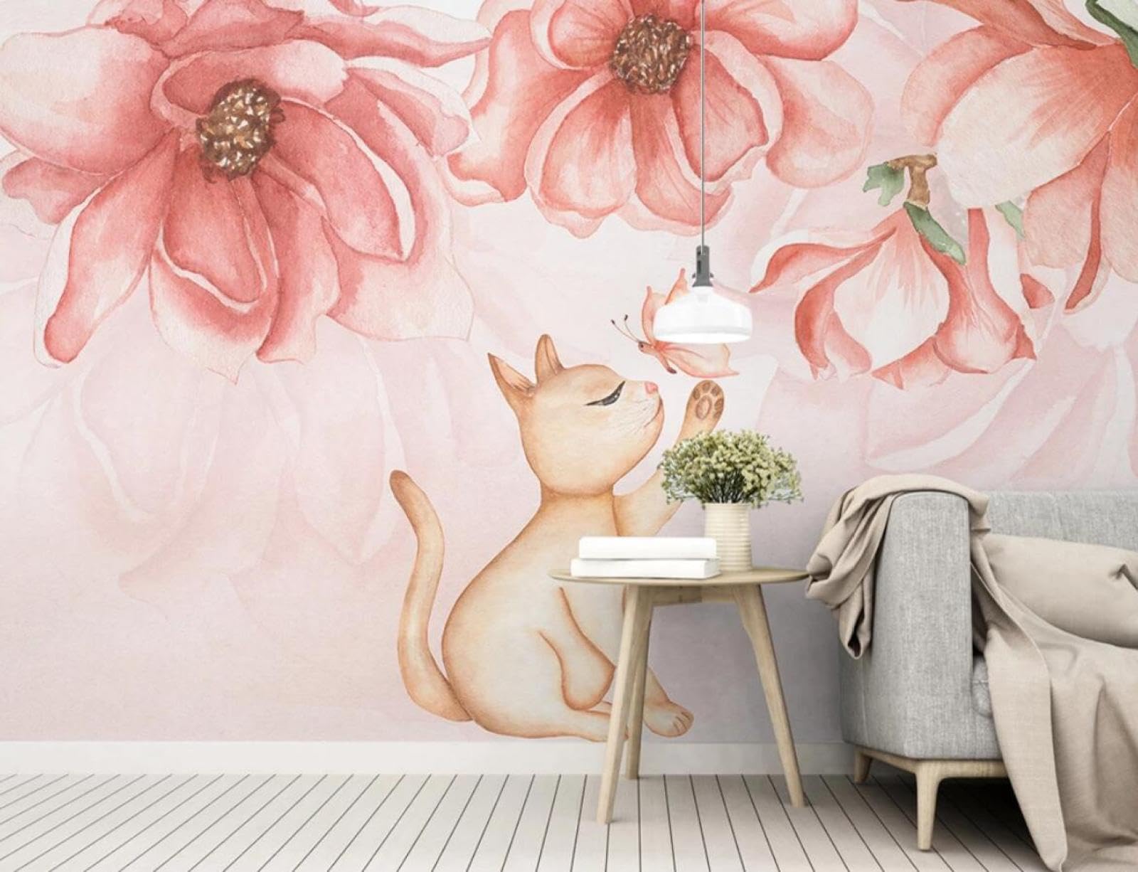 Carta Da Parati 3D Fiori Rosa Gattino Animale Carta Da Parati Camera Letto Moderna Fotomurali 3D Gigante Murale Decorazione