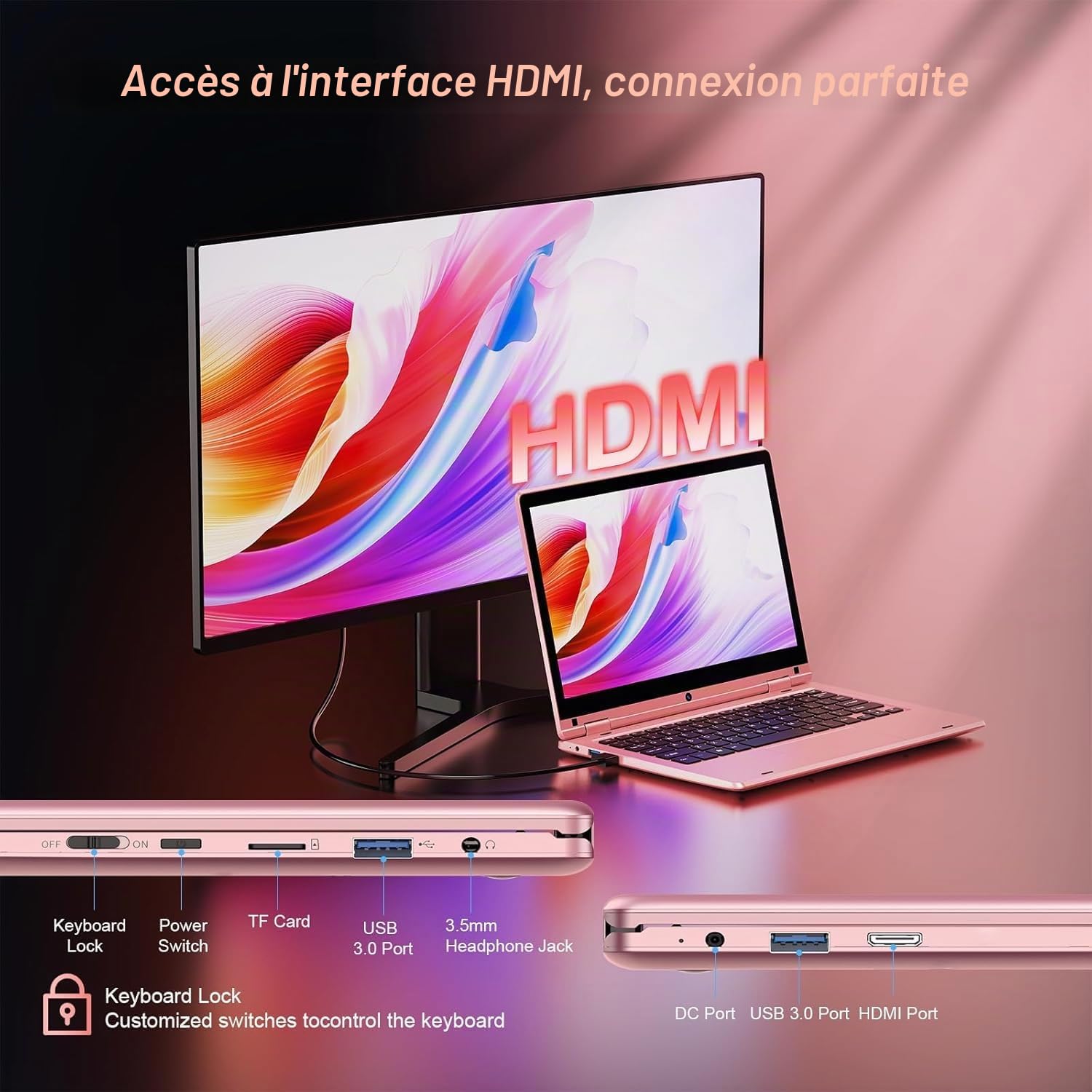 11,6'' Ordinateur Portable Tactile Pliable à 360°, Laptop Celeron N4020, 6Go RAM 128Go SSD, WiFi (2,4G/5G), Bluetooth, 1366 x 768 IPS, Webcam, PC Portable sur Mesure pour Les Professionnels - Rose