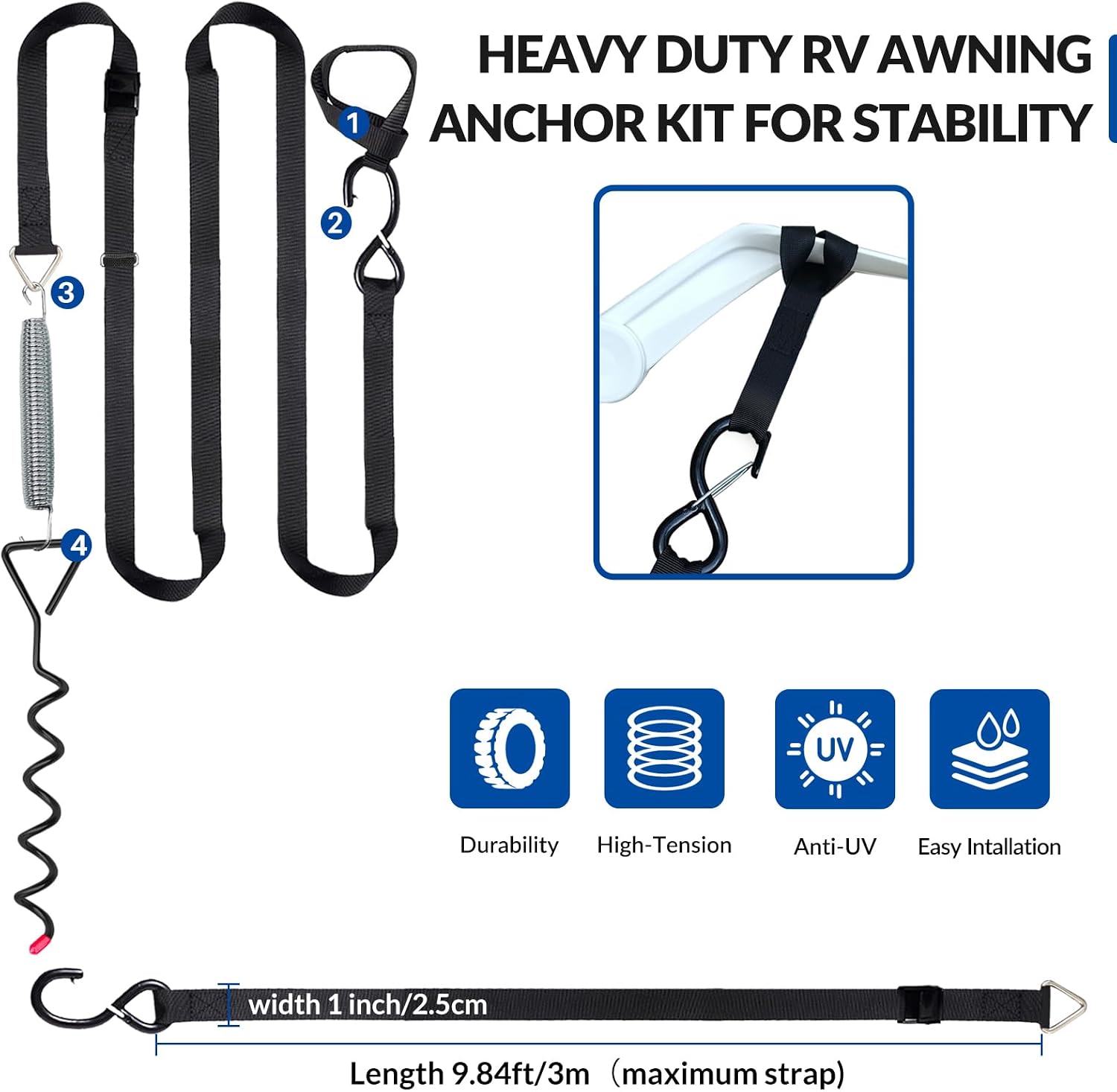 Heavy Duty RV Awning Tie Down Kit for Wind,Camper RV Awning Tie Down Anchors,Easy Installation Pre-Assembled Thick Straps Campers Awning Anchors Accessories (Type A)