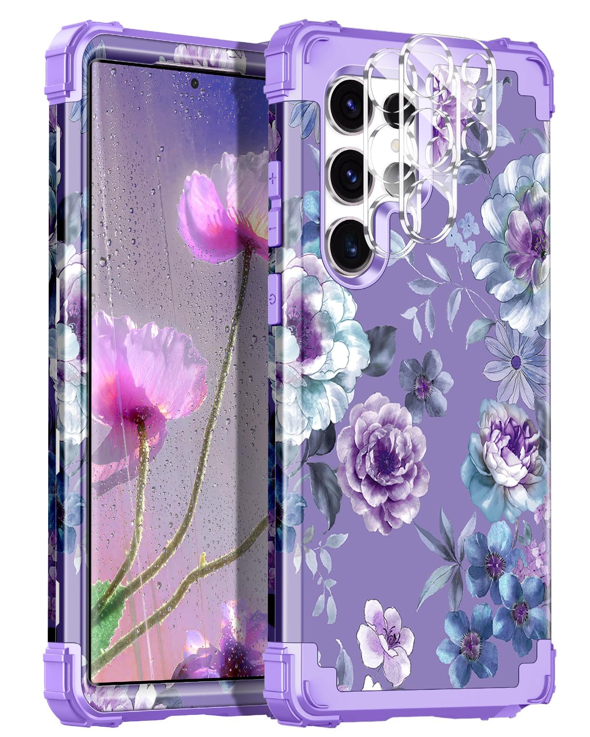 Miqala for Galaxy S23 Ultra Case,Marble Three Layer Heavy Duty Shockproof Hard Plastic Bumper +Soft Silicone Protective Case with 2 Camera Lens Protector for Samsung S23 Ultra,Flower