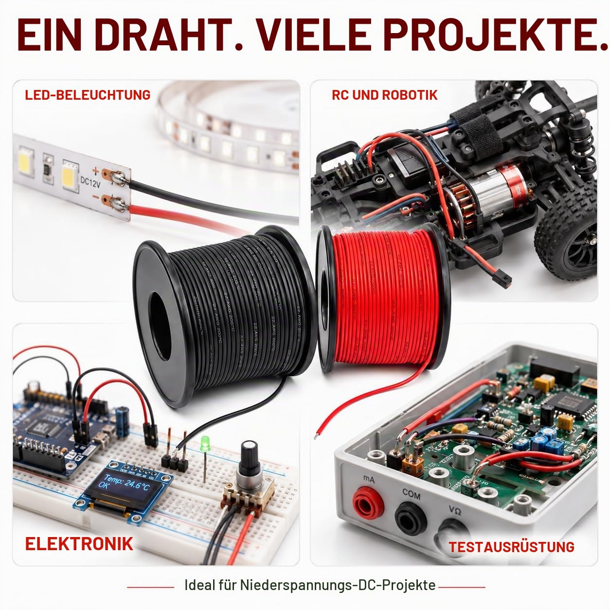 TUOFENG 22 AWG Elektrokabel [61 Meter schwarzer Draht und 61 Meter roter Draht] Flexibler Silikondraht 22 Gauge Litzendraht Kabelspule aus verzinntem Kupferdraht
